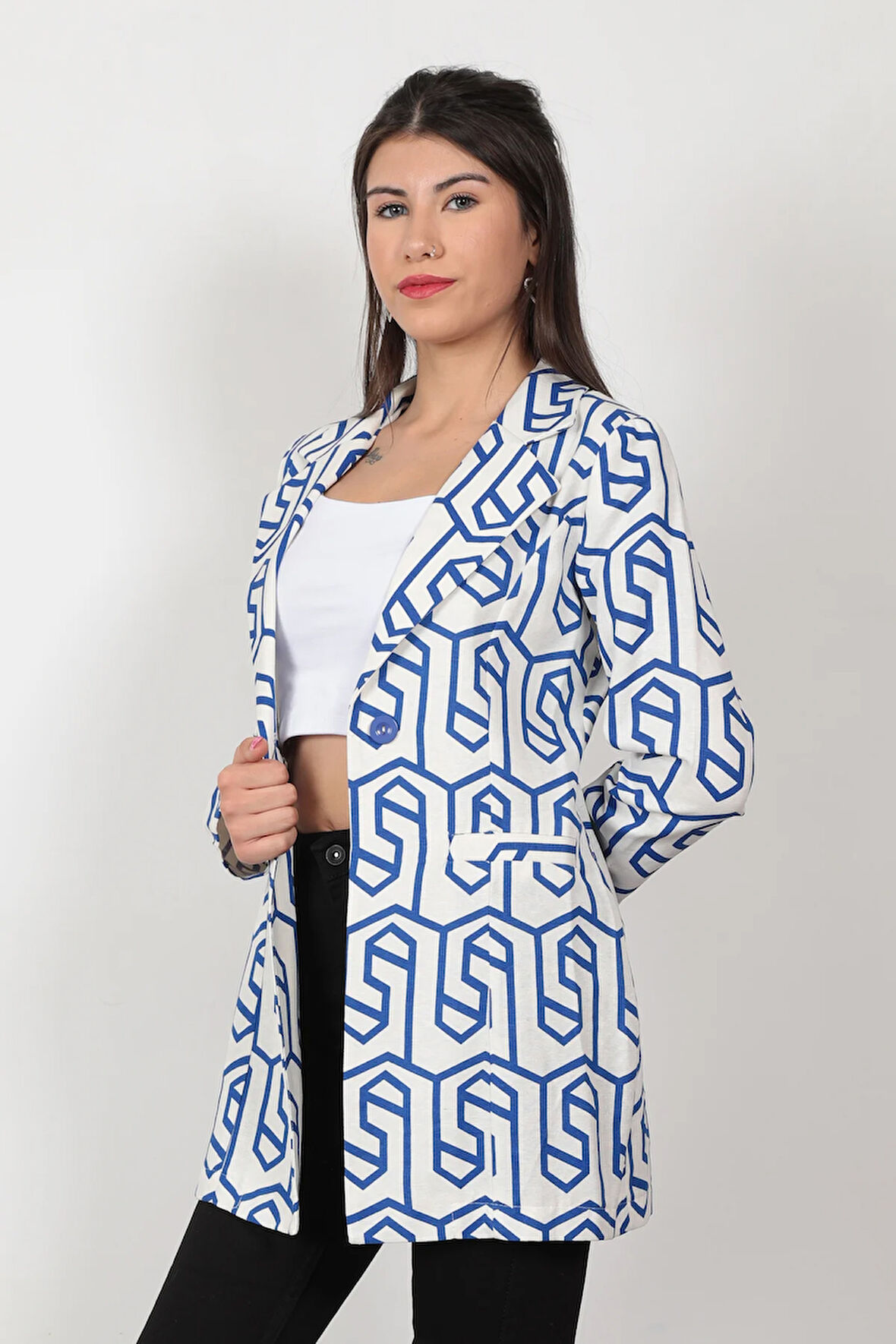 Kadın Geometrik Desenli Blazer Ceket - 8124