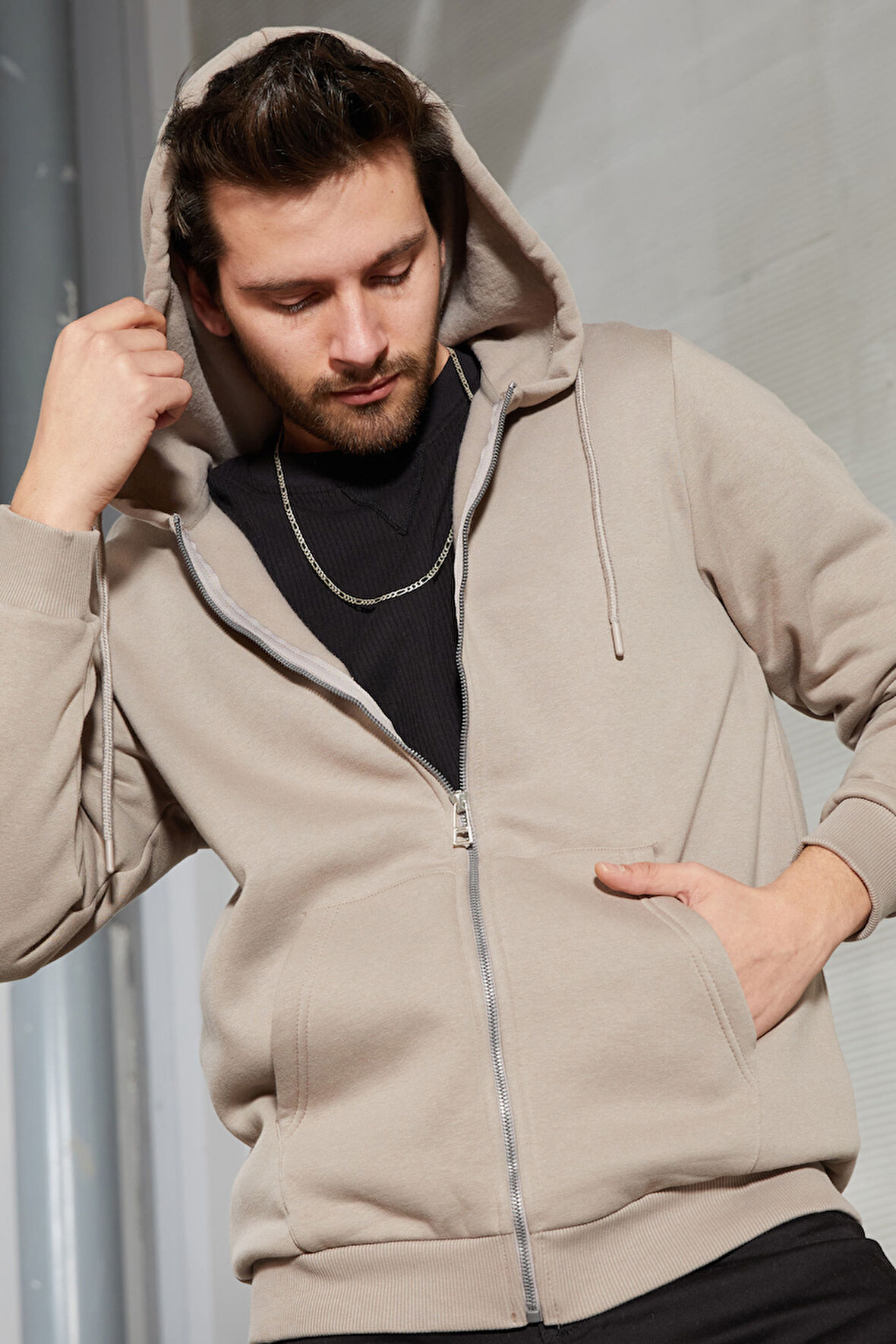 Erkek Kapüşonlu Üç iplik Fermuarlı Sweatshirt