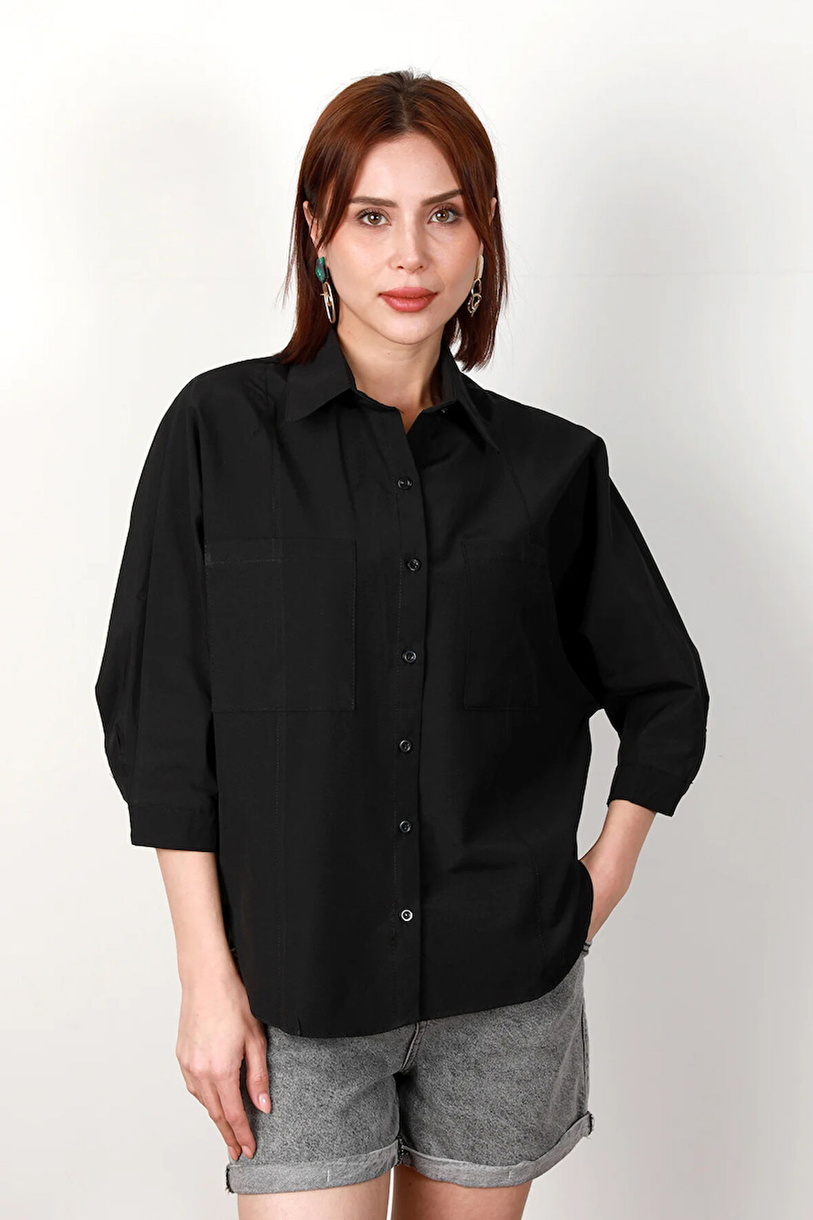 Kadın Çift Cep Detaylı Yarasa Kol Terikoton Gömlek