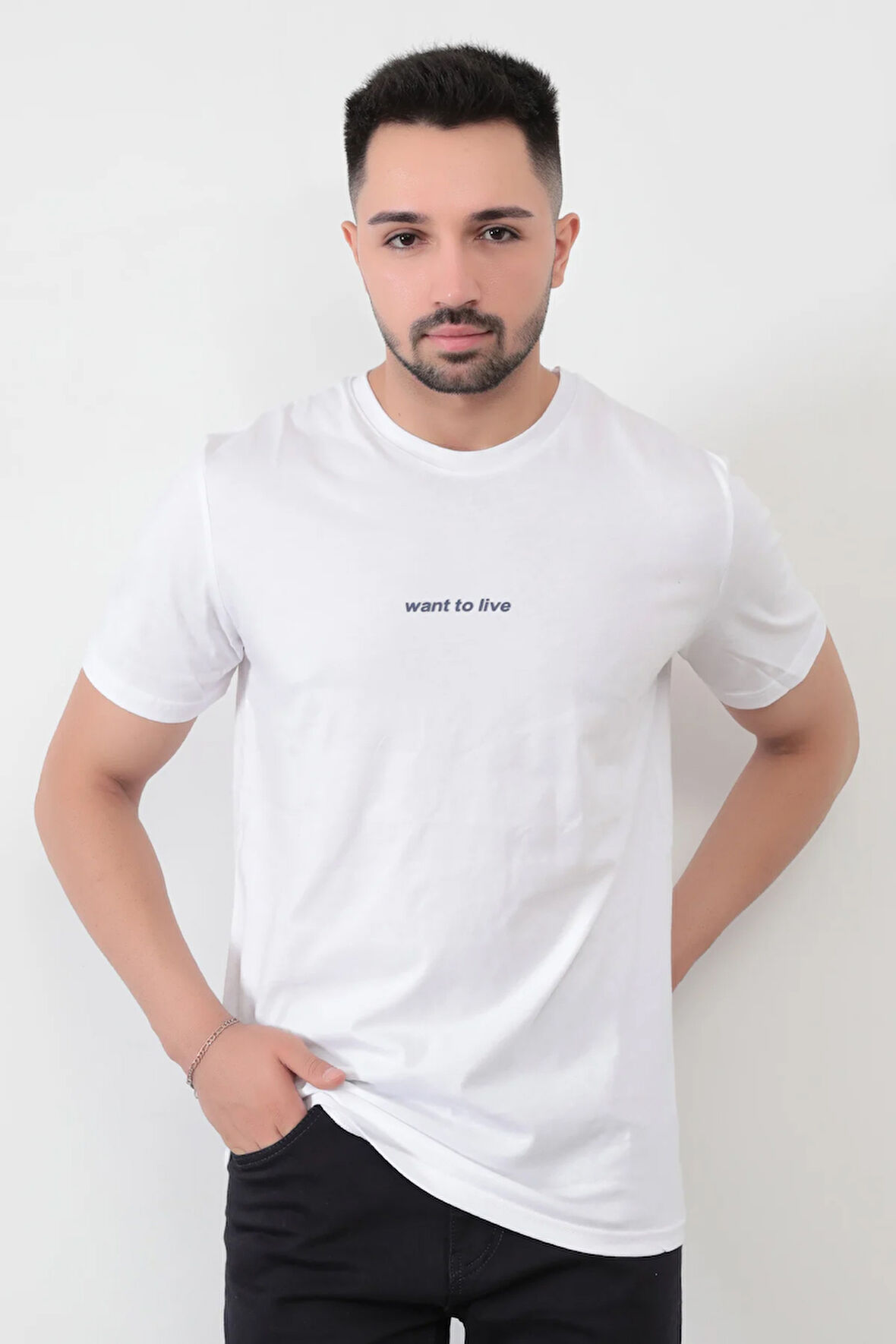 Beyaz Erkek Want To Live Baskılı T-Shirt