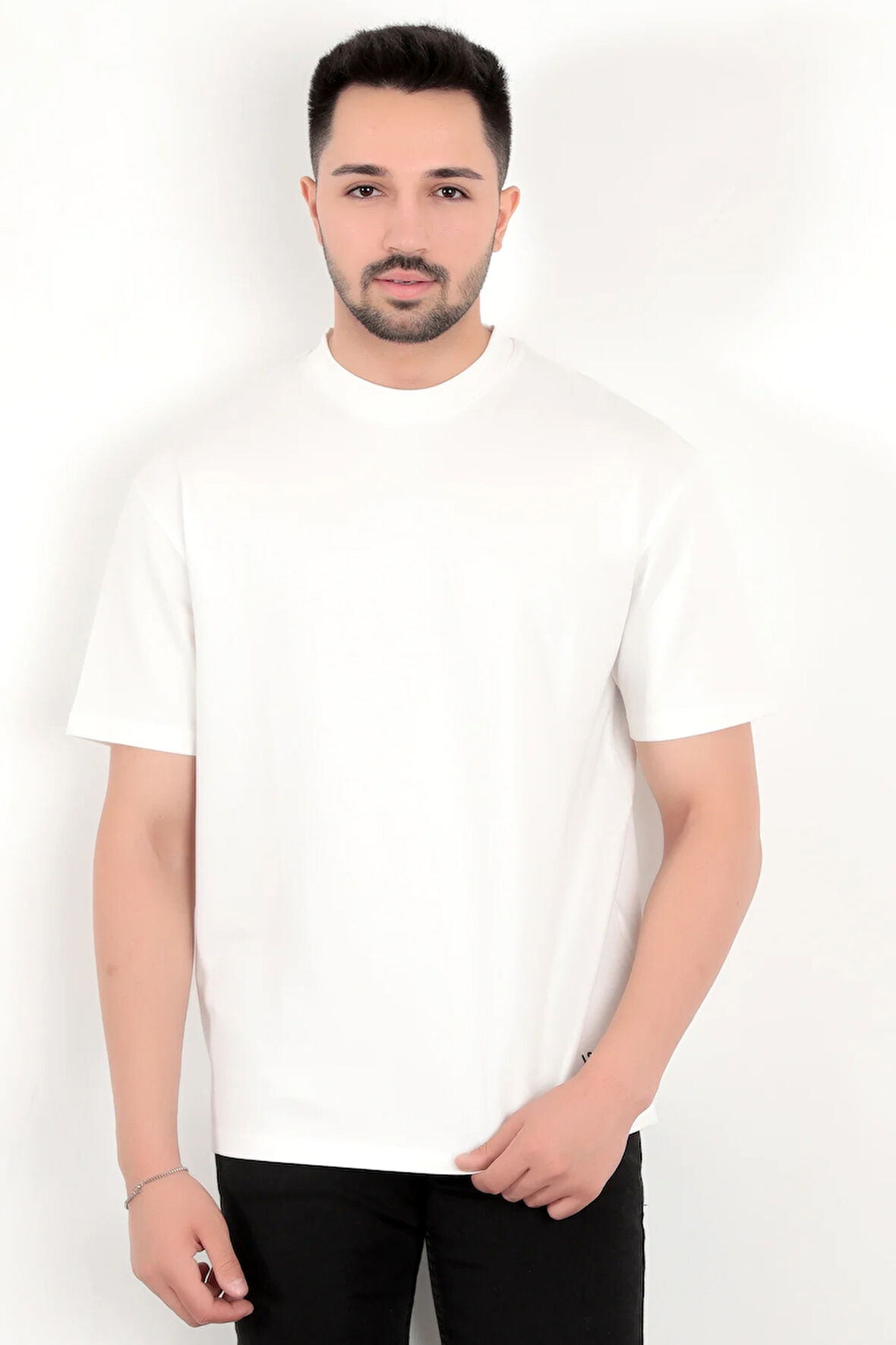 Erkek Beyaz Eteği Baskılı Pamuklu Oversize T-Shirt