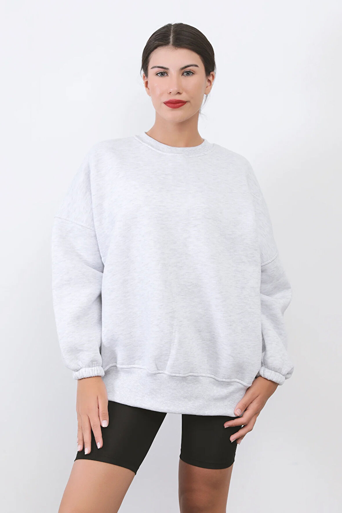 Kadın Oversize Kar Melanj Sweatshirt Pamuk Karışım Bisiklet Yaka Ribanalı Lastikli Kol Detay - 2573