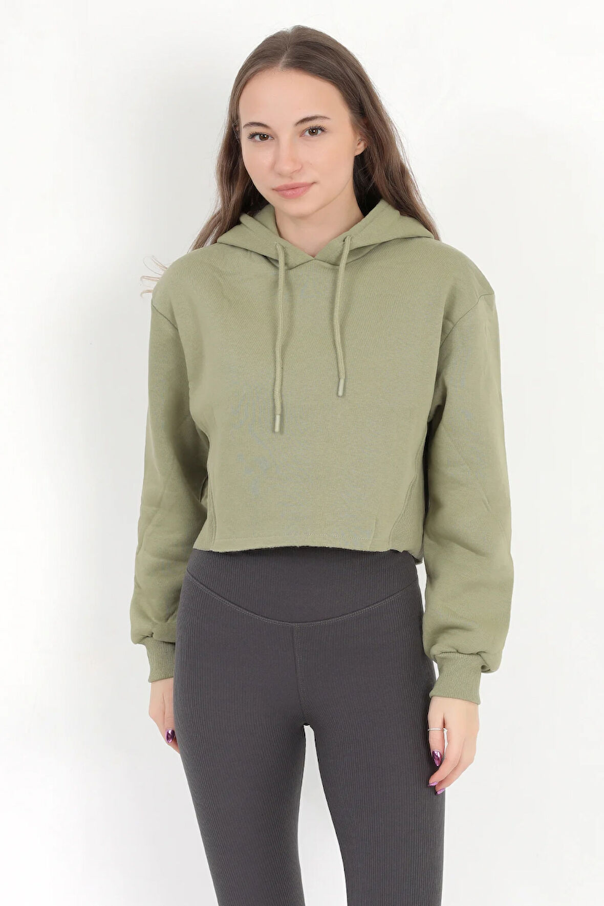 Kadın Yeşil Kapüşonlu Ribana Detaylı Üç İp Oversize Crop Sweatshirt Hoodie - 2543