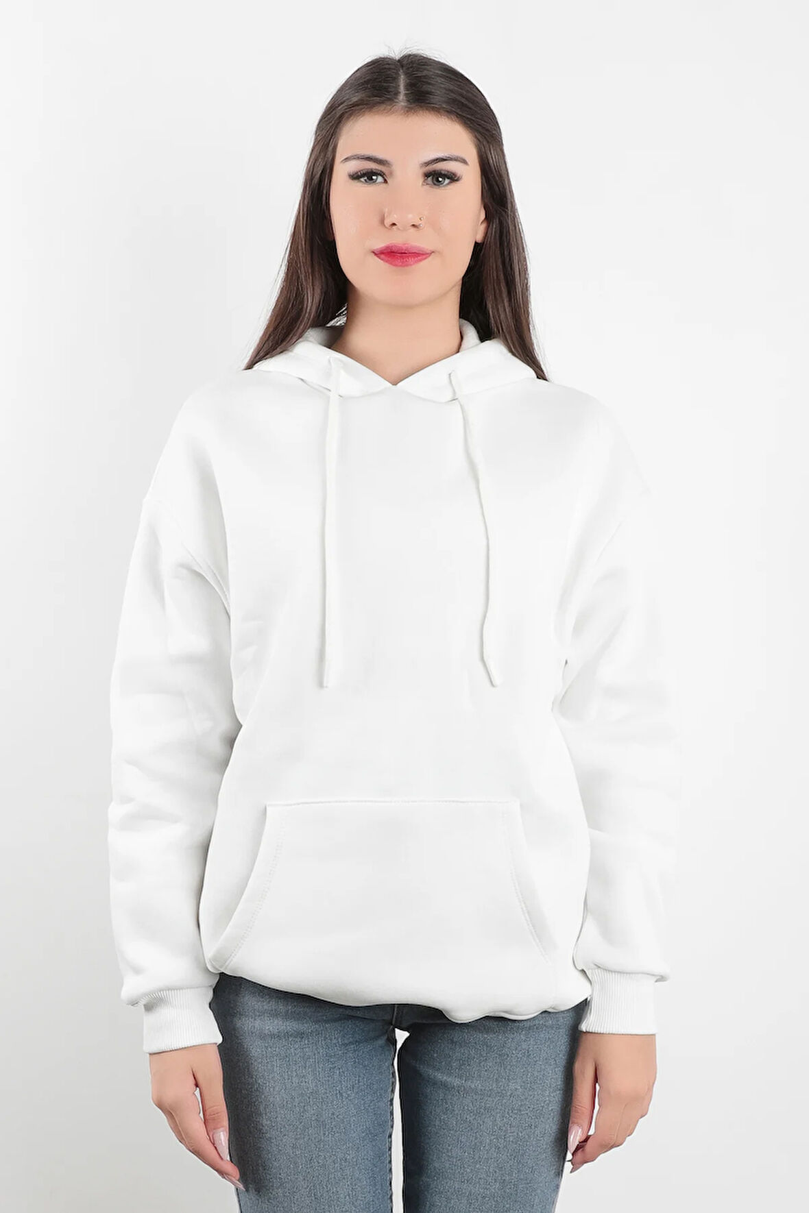 Kadın Kapüşonlu Oversize Sweatshirt Üç İplik Kanguru Cepli Beyaz Hoodie - 2502