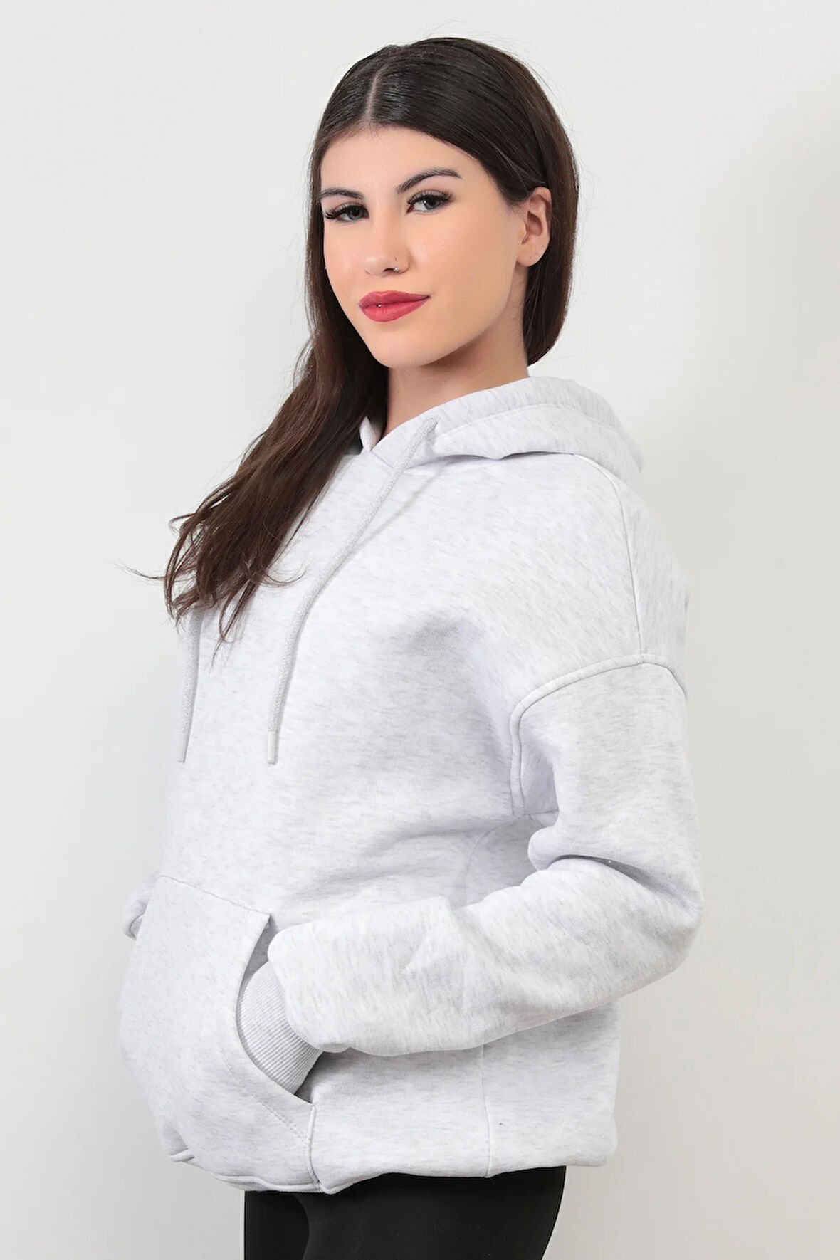 Kadın Kapüşonlu Oversize Sweatshirt Üç İplik Kanguru Cepli Kar Melanj Hoodie - 2502