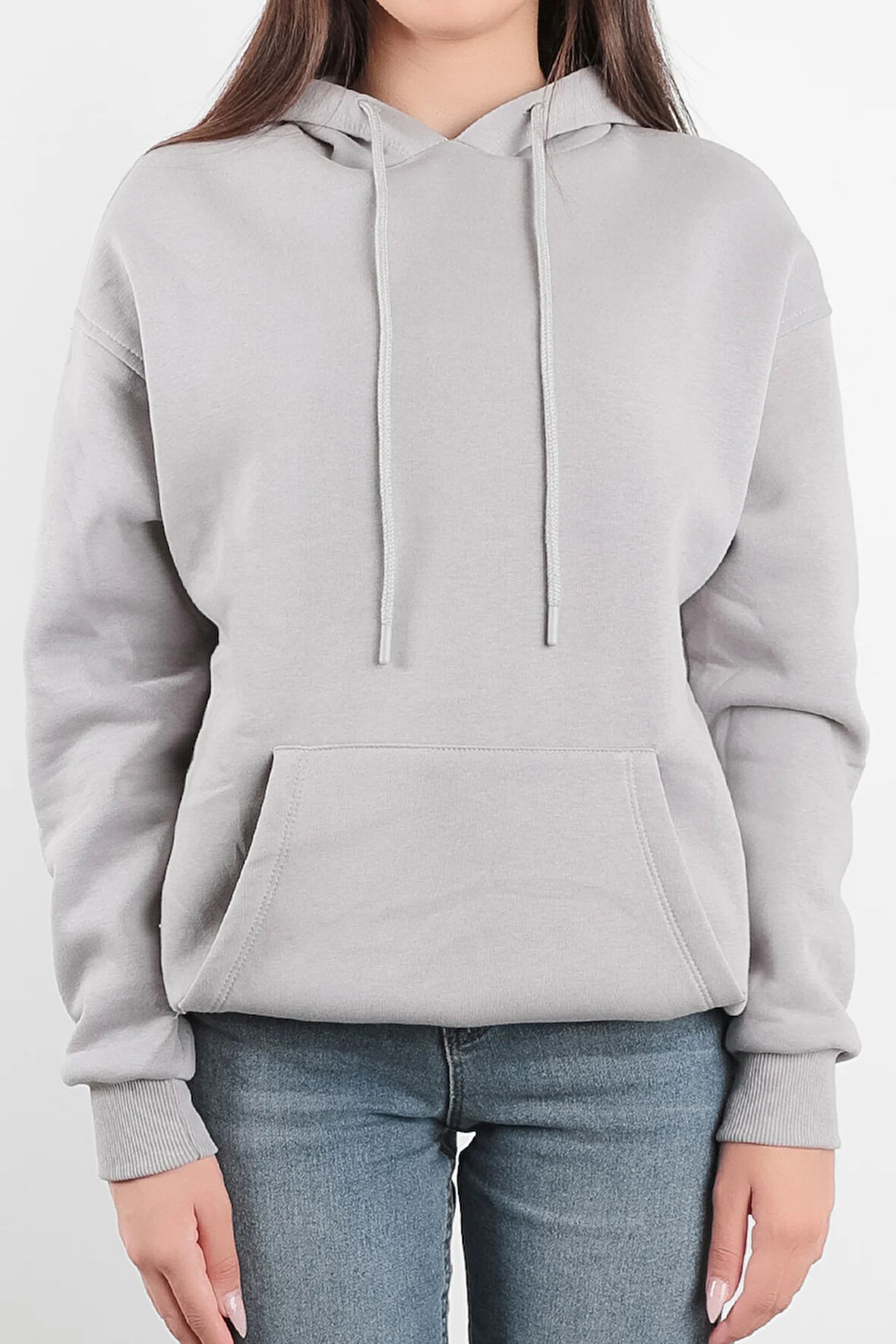 Kadın Kapüşonlu Oversize Sweatshirt Üç İplik Kanguru Cepli Gri Hoodie - 2502