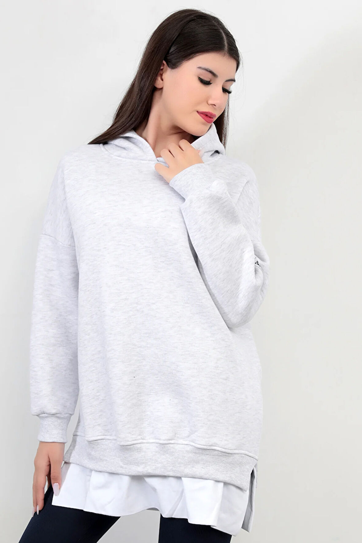 Kar Melanj Kadın Oversize Kapüşonlu Sweatshirt Eteği T-Shirt Katman Detaylı Ribanalı Hoodie - 2520