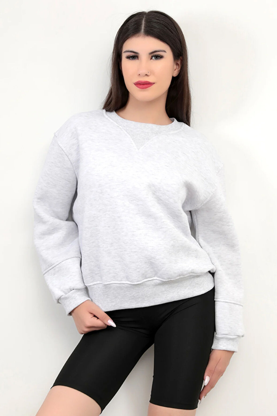 Kar Melanj Kadın Basic Sweatshirt Yakası V Rabina Detaylı Üç İplik Pamuk Karışımlı - 2574