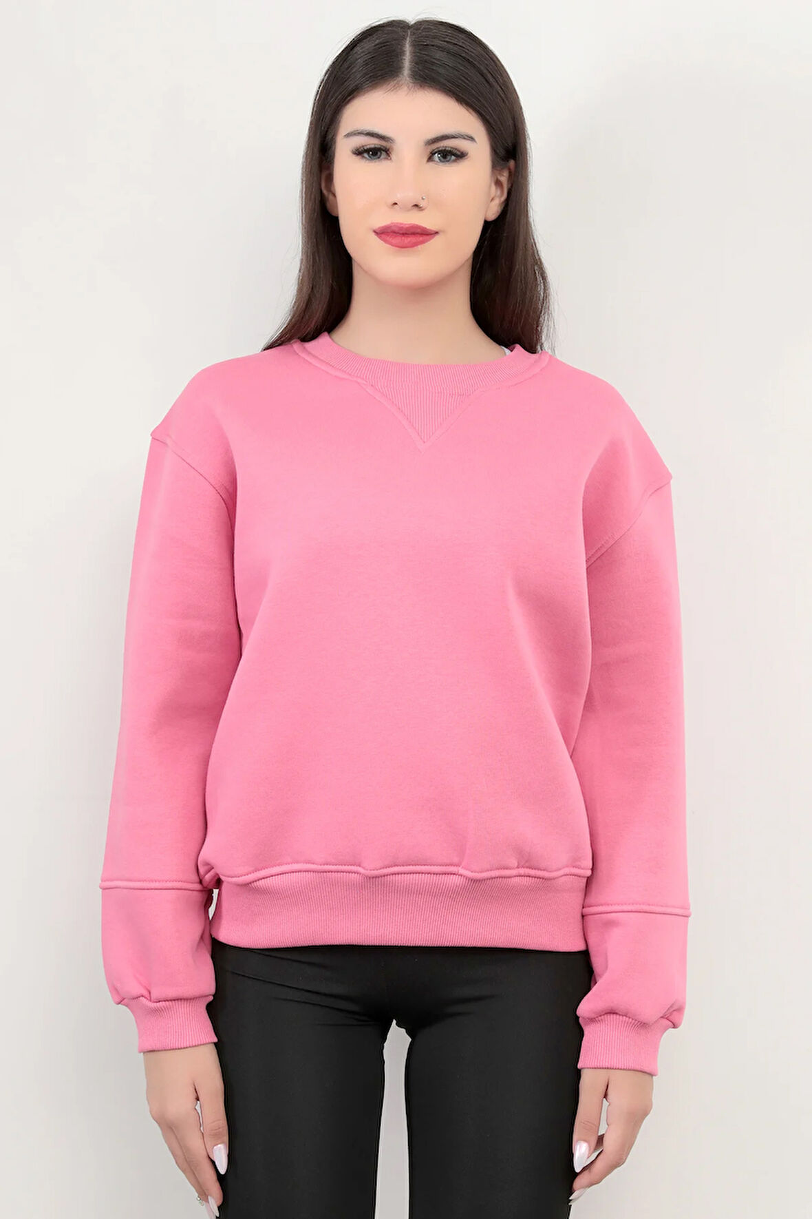 Pembe Kadın Basic Sweatshirt Yakası V Rabina Detaylı Üç İplik Pamuk Karışımlı - 2574