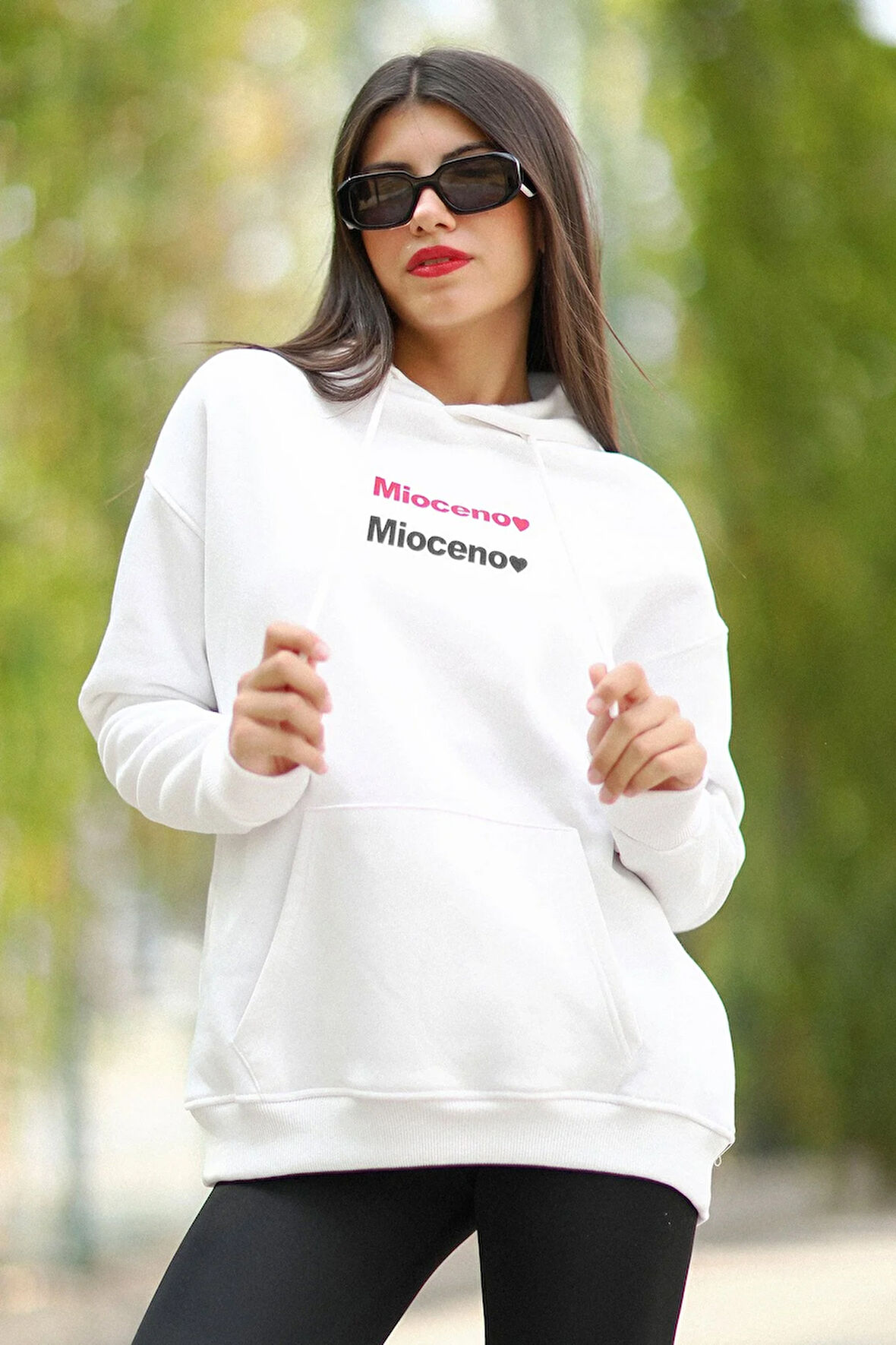 Beyaz Kapüşonlu Oversize Kadın Sweatshirt Mioceno Baskılı Pamuk Karışımlı Hoodie - 25100