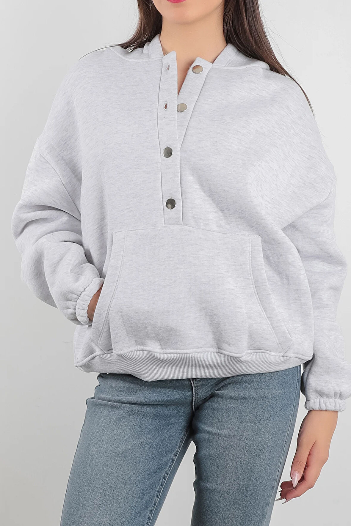 Oversize Kadın Kapüşonlu Sweatshirt Yarım Çıtçıt Kapama Kanguru Cep Kar Melanj Hoodie - 2591