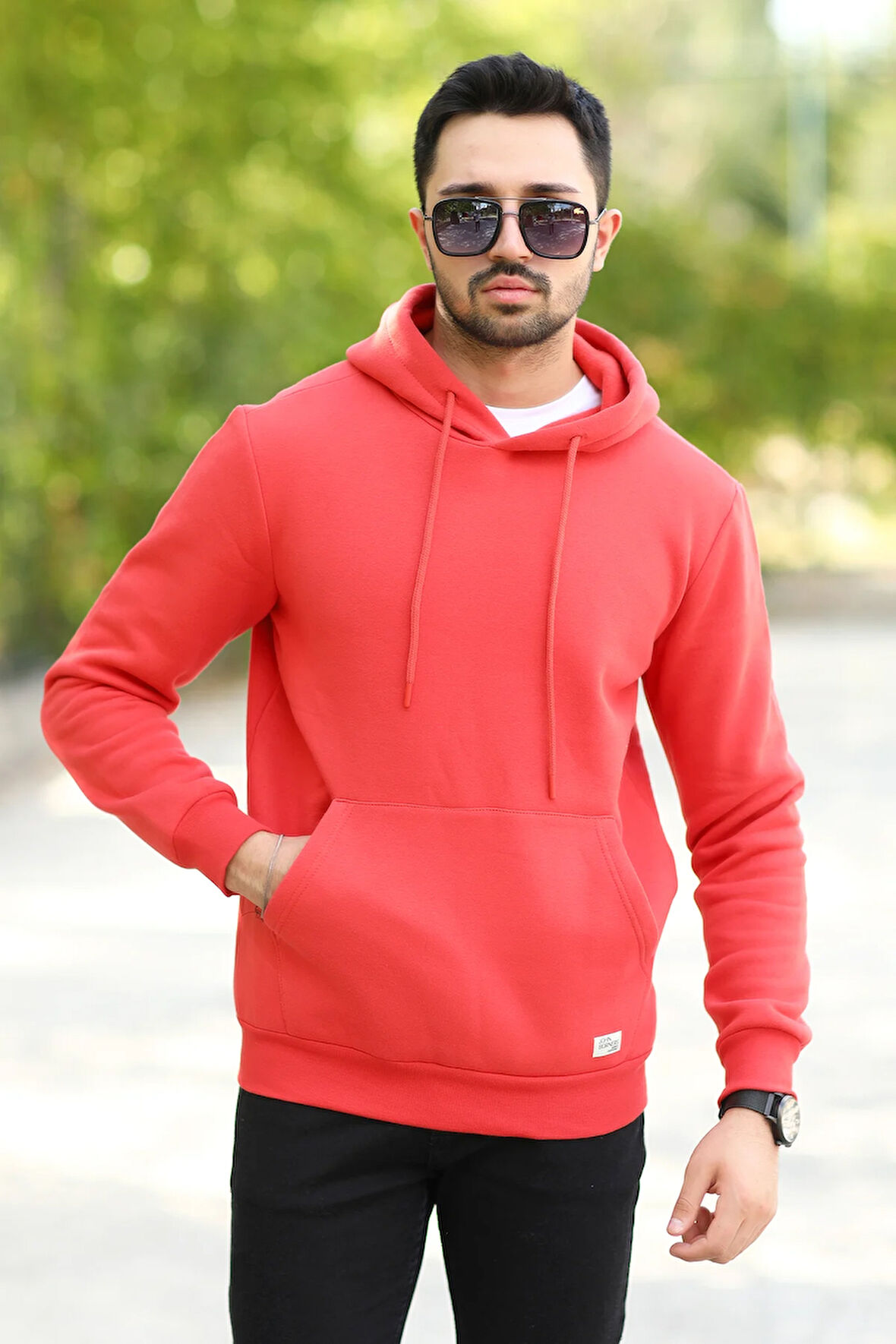 Neon Kırmızı Erkek Kapüşonlu Sweatshirt Kanguru Cepli Pamuk Karışımlı Oversize Hoodie - 5281