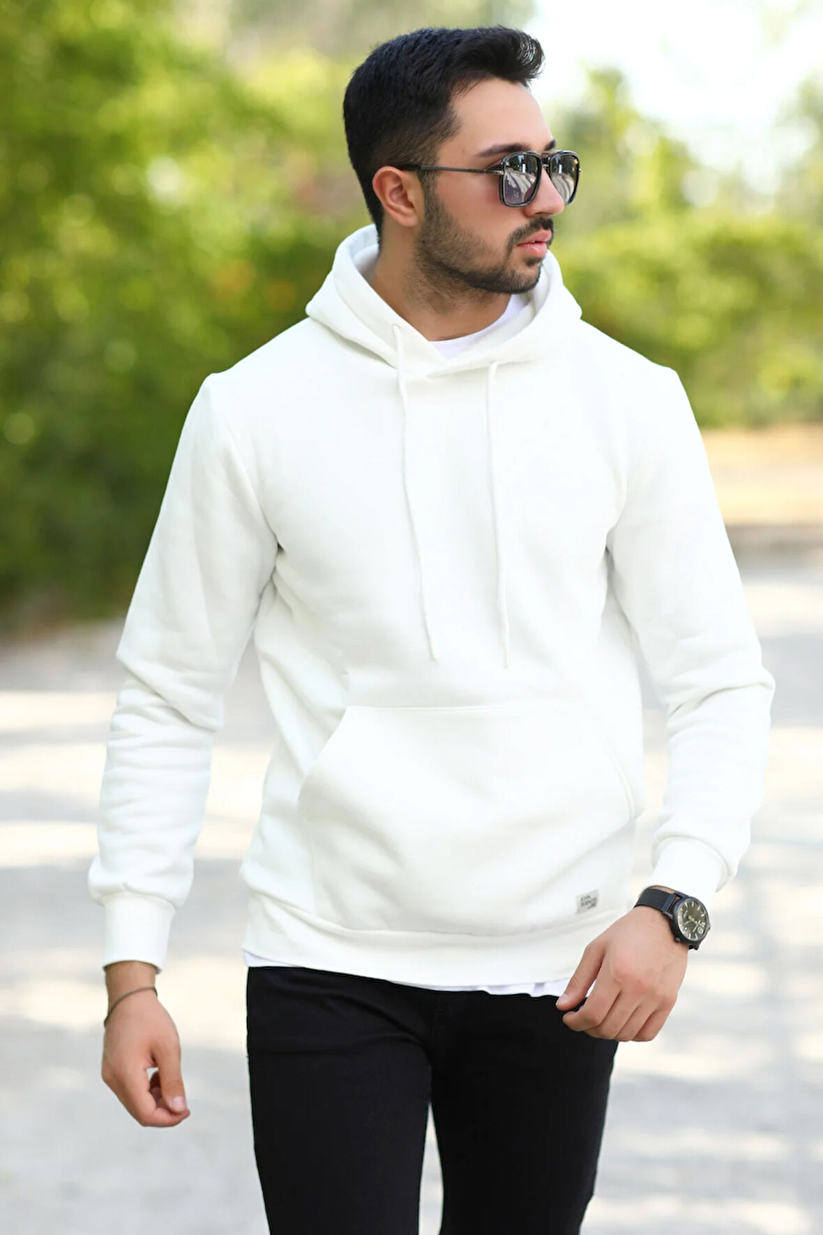 Beyaz Erkek Kapüşonlu Sweatshirt Kanguru Cepli Pamuk Karışımlı Oversize Hoodie - 5281