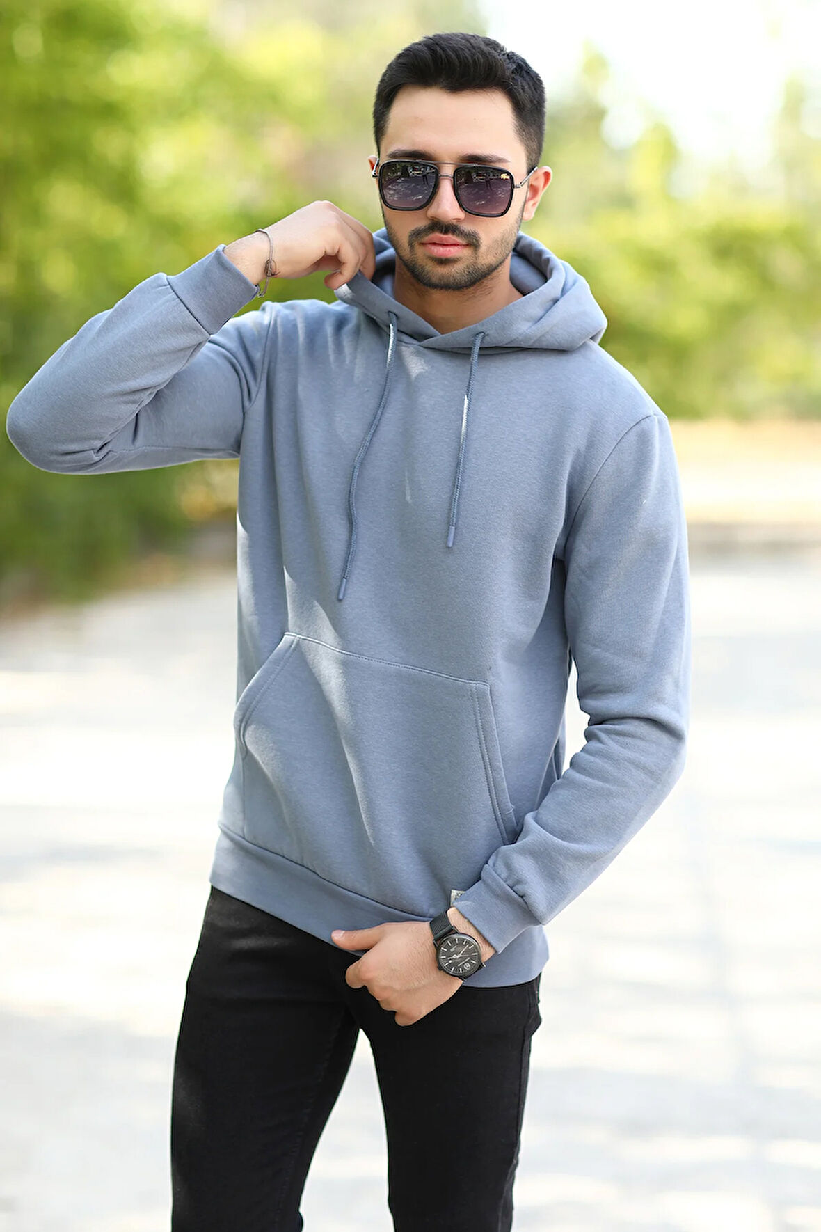 Koyu Mavi Erkek Kapüşonlu Sweatshirt Kanguru Cepli Pamuk Karışımlı Oversize Hoodie - 5281