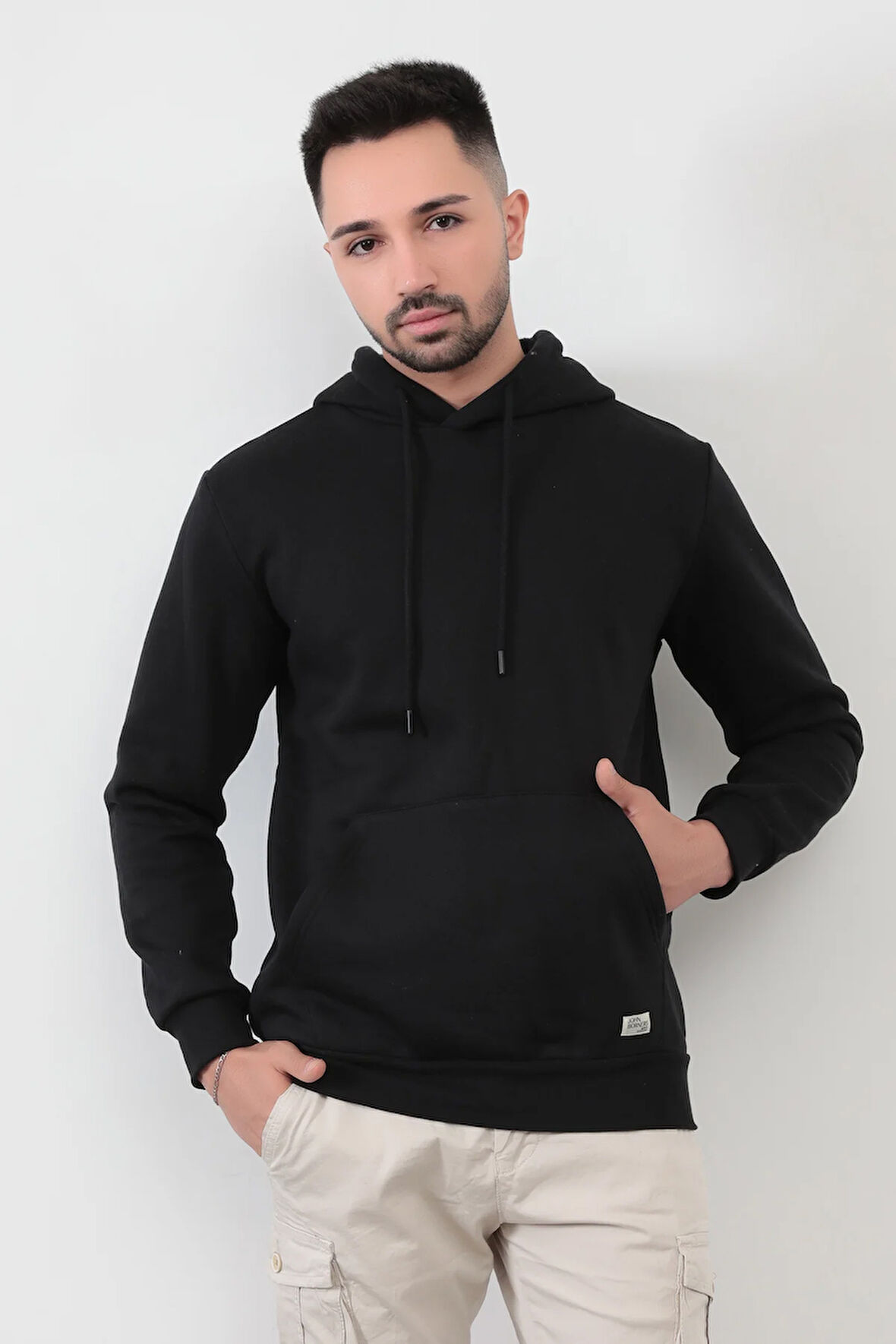 Siyah Rengi Erkek Kapüşonlu Sweatshirt Kanguru Cepli Pamuk Karışımlı Oversize Hoodie - 5281