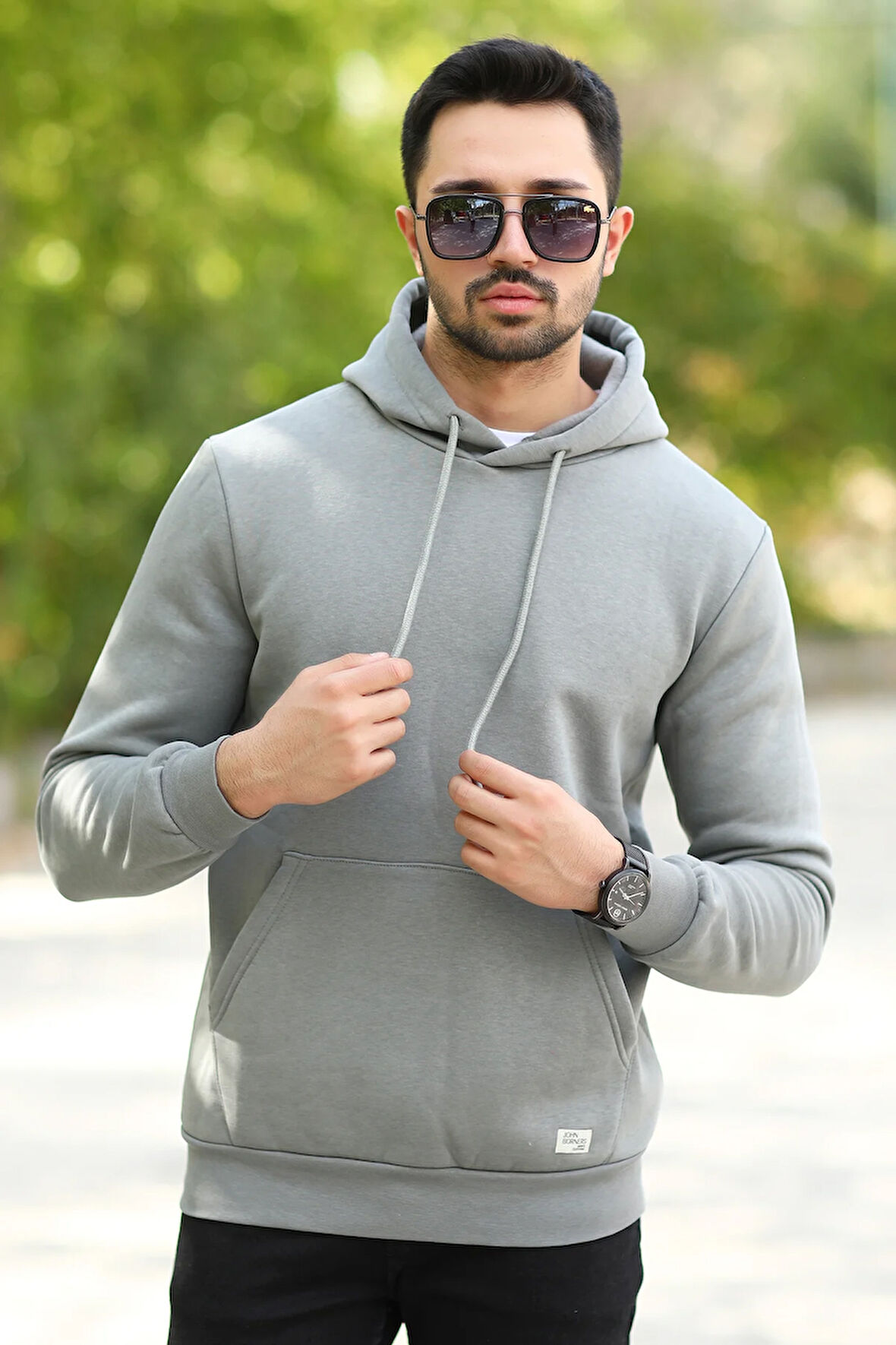 Açık Haki Rengi Erkek Kapüşonlu Sweatshirt Kanguru Cepli Pamuk Karışımlı Oversize Hoodie - 5281