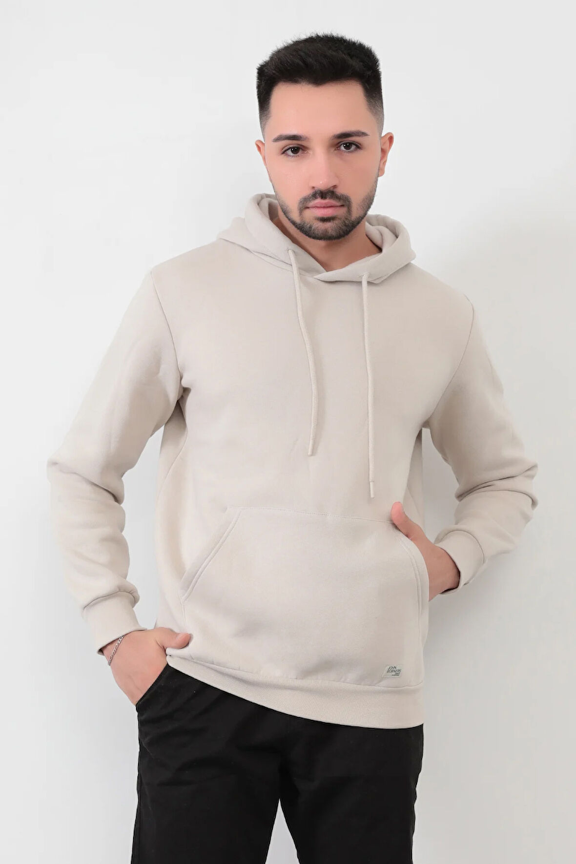 Kum Gri Rengi Erkek Kapüşonlu Sweatshirt Kanguru Cepli Pamuk Karışımlı Oversize Hoodie - 5281