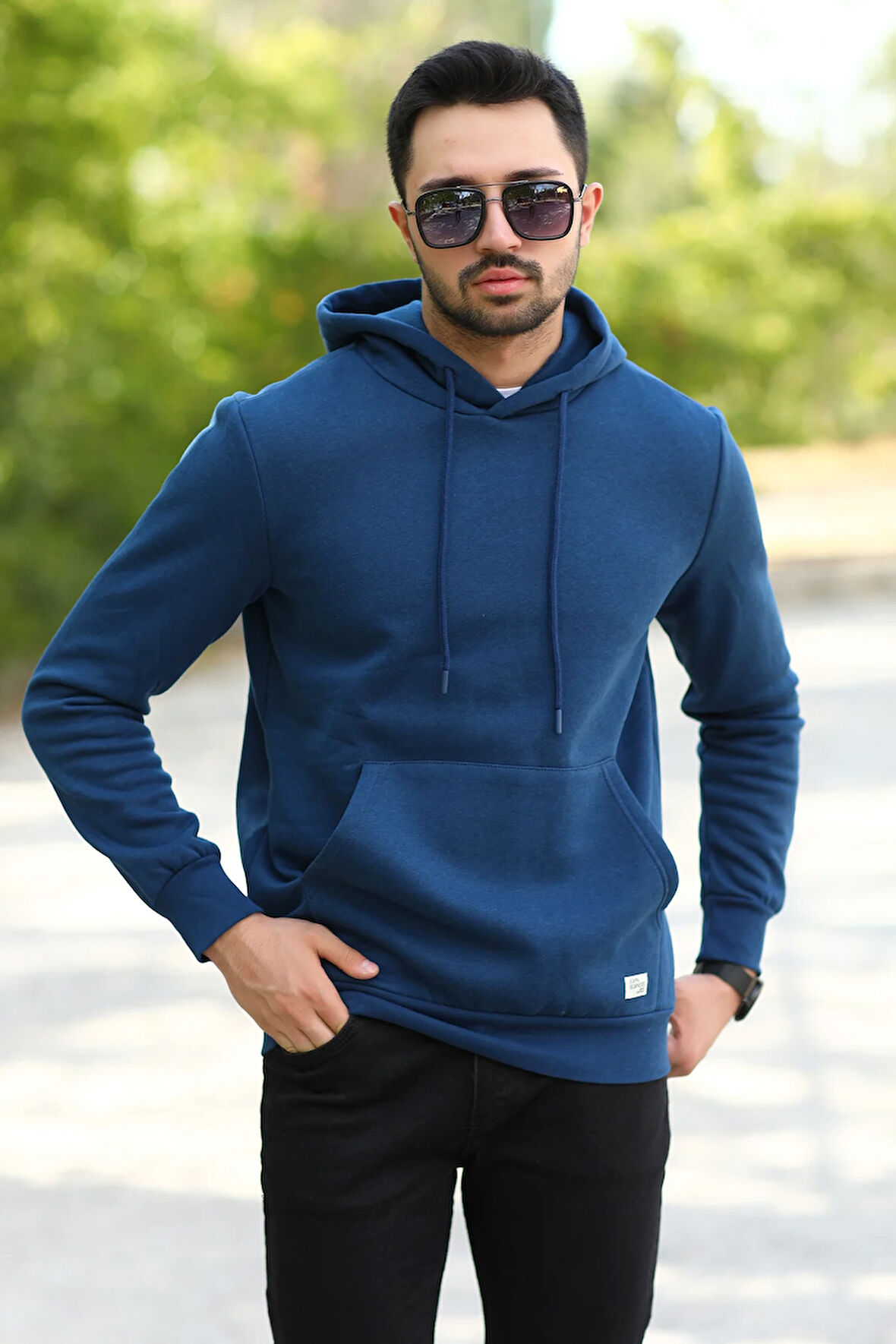 Açık Lacivert Erkek Kapüşonlu Sweatshirt Kanguru Cepli Pamuk Karışımlı Oversize Hoodie - 5281