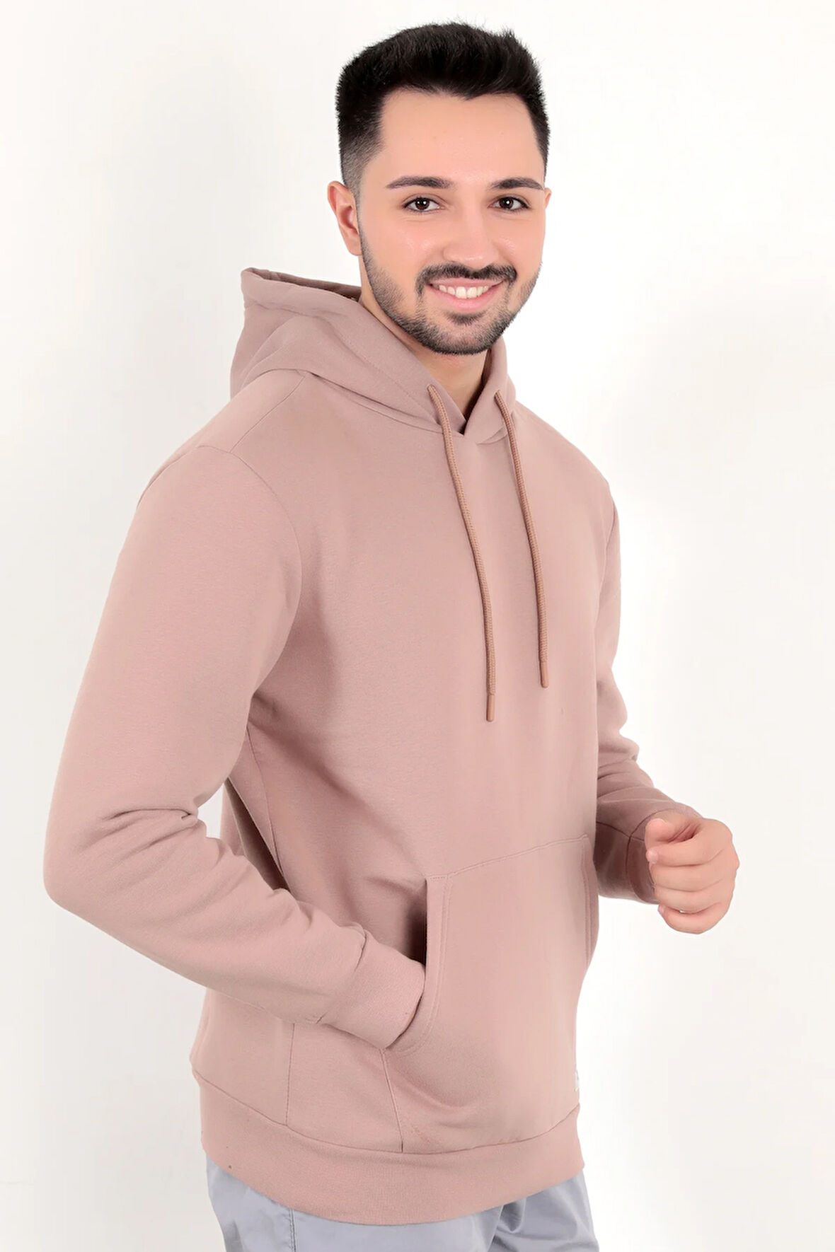 Gül Rengi Erkek Kapüşonlu Sweatshirt Kanguru Cepli Pamuk Karışımlı Oversize Hoodie - 5281