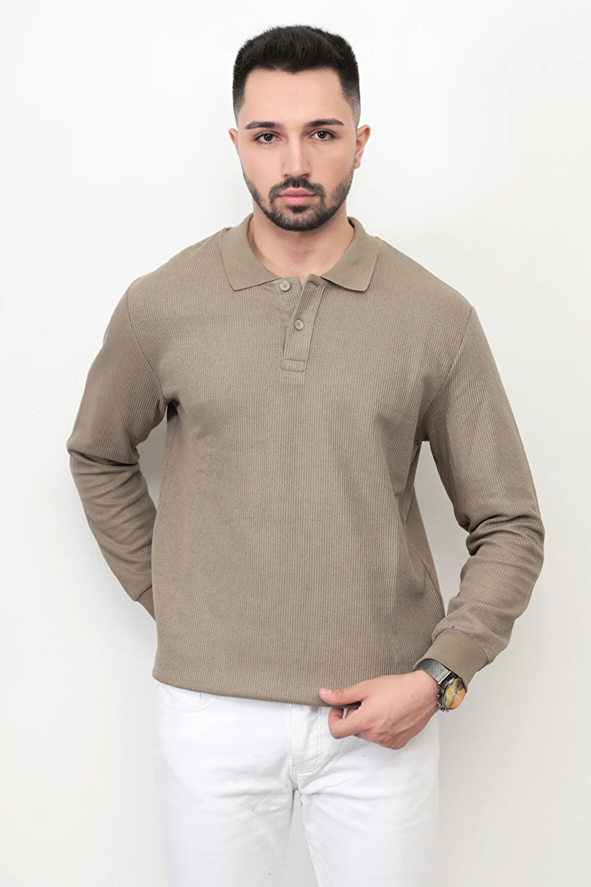 Açık Haki Erkek Polo Yaka Sweatshirt Selanik Örgü Pamuk Karışım Ribanalı Düğme Kapama - 5739