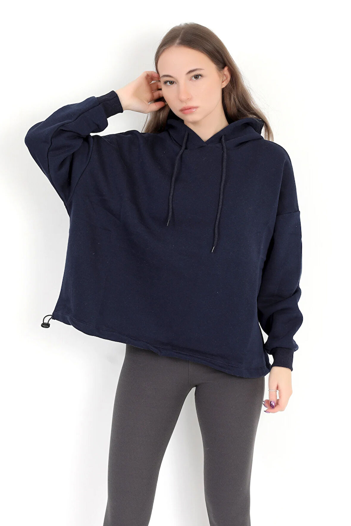 Kadın Bej Kapüşonlu Şardonlu 3 İp Eteği Stoperli Ribanalı Oversize Sweatshirt Hoodie - 5085