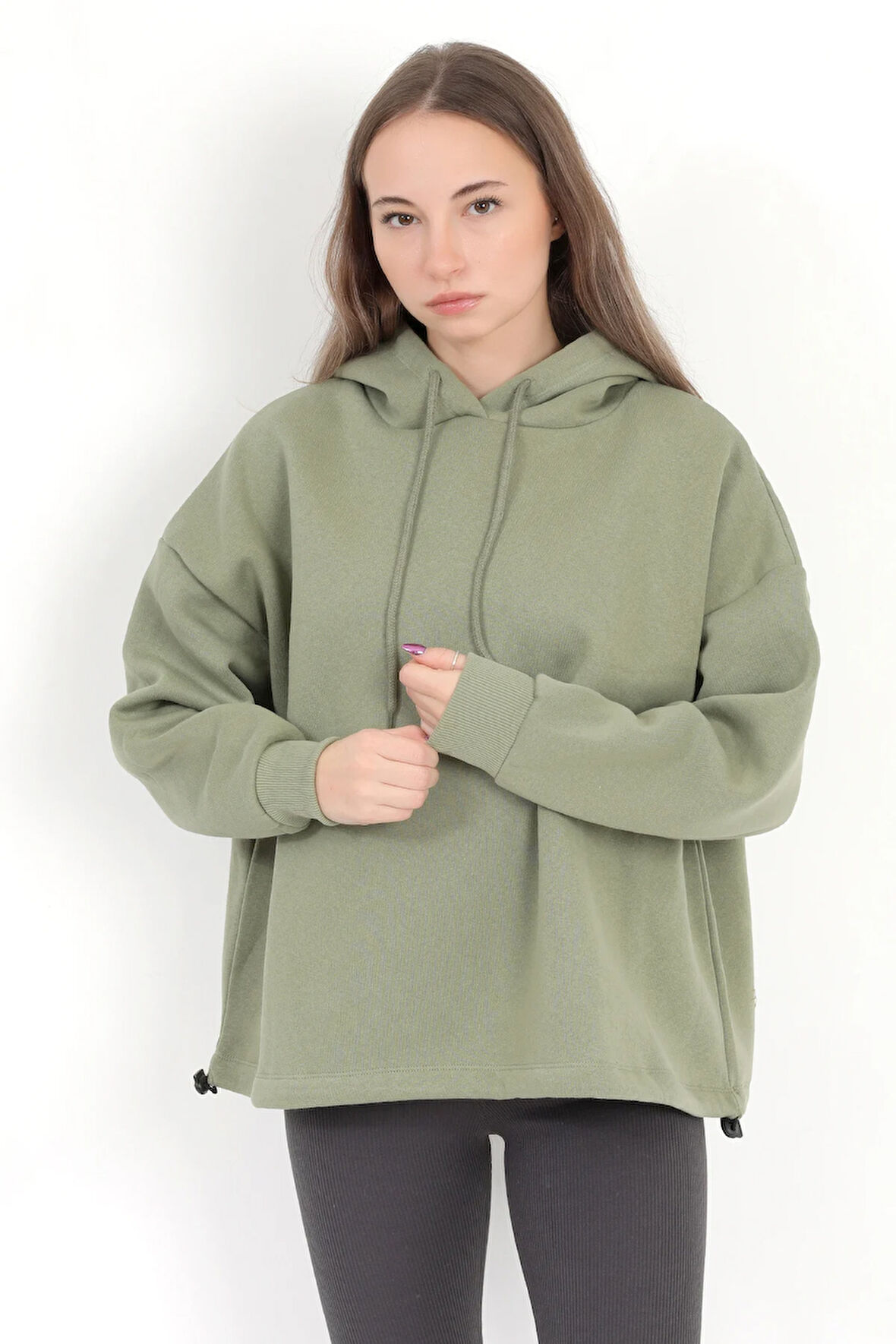 Kadın Yeşil Kapüşonlu Şardonlu 3 İp Eteği Stoperli Ribanalı Oversize Sweatshirt Hoodie - 5085