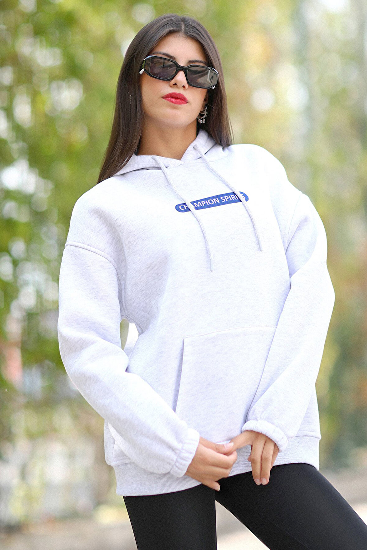 Kadın Kapüşonlu Sweatshirt Kar Melanj Vintage Baskılı Kanguru Cepli Şardonlu 3İp - 25102