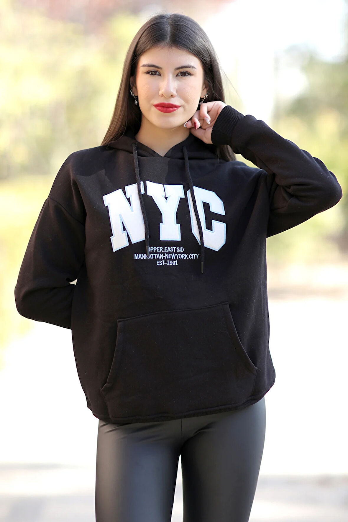 Kadın Siyah NYC Nakışlı Kapüşonlu 3İp Sweatshirt - 25161