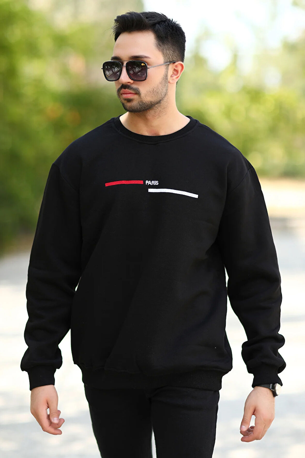 Erkek Oversize Sweatshirt Siyah Paris Baskılı Bisiklet Yaka 3 İplik Şardonlu - 10016