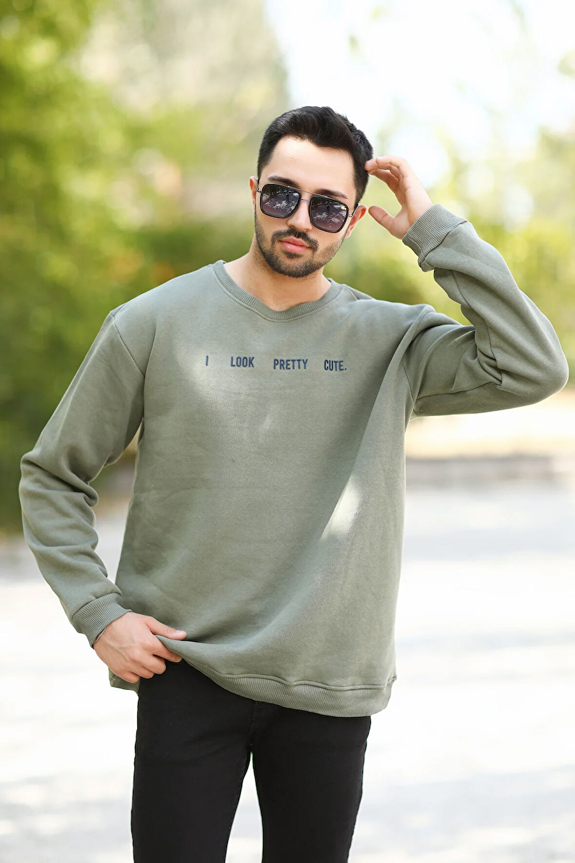 Erkek Oversize Sweatshirt Yeşil 3 İplik Baskılı Bisiklet Yaka Ribanalı Pamuk Karışım - 10018
