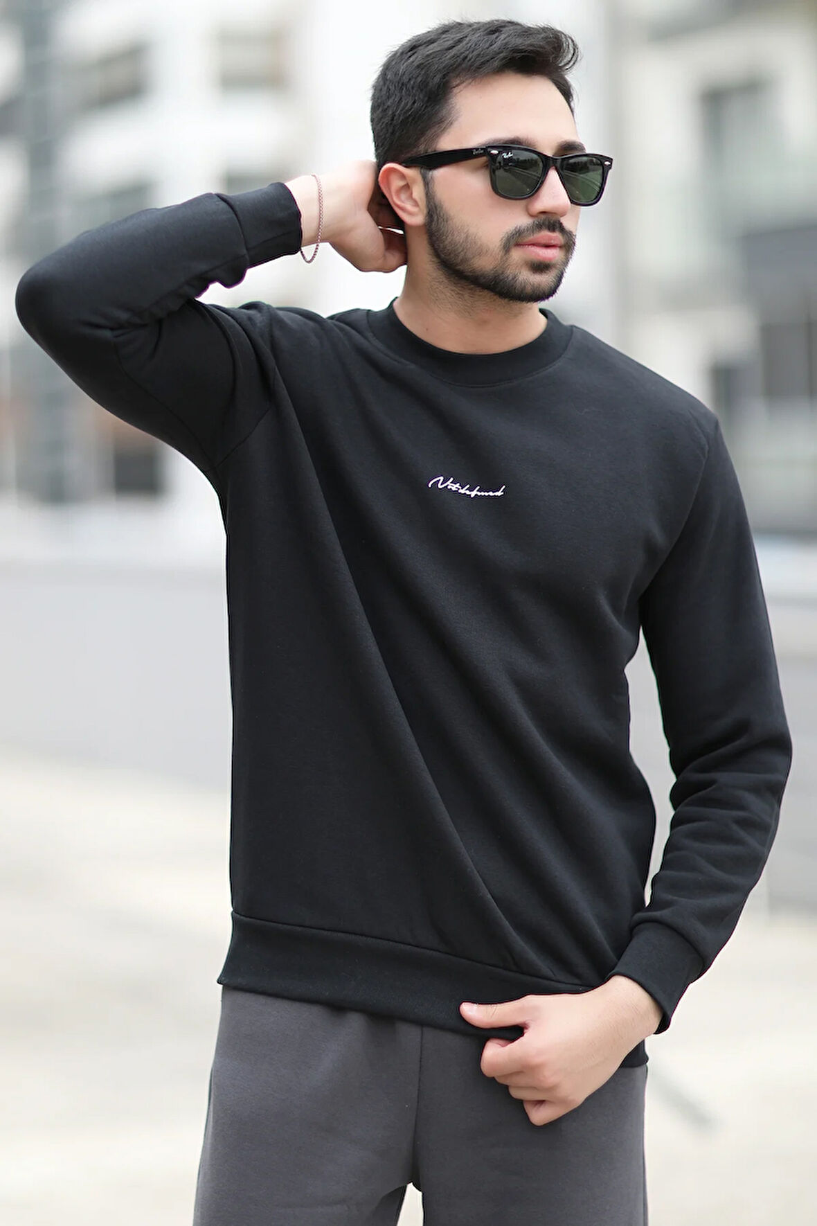 Erkek Bisiklet Yaka 3İplik Baskılı Sweatshirt Siyah - 5012-1