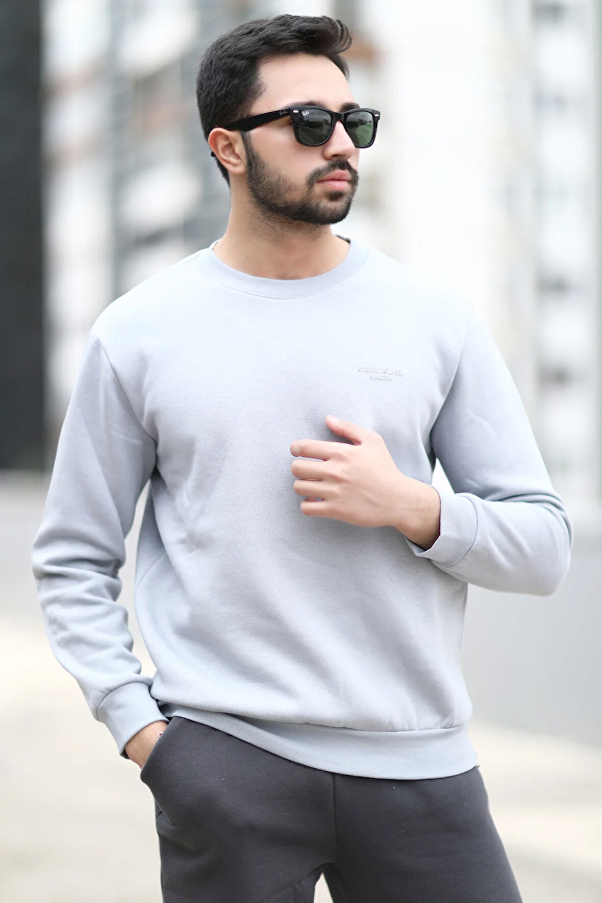 Erkek Kışlık Sweatshirt Açık Gri Üç İplik Şardonlu O Yaka Ribanalı Regularfit Baskılı - 5012-1-1