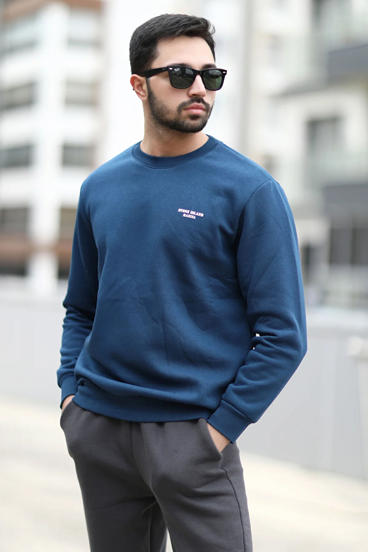 Erkek Kışlık Sweatshirt Indigo Üç İplik Şardonlu O Yaka Ribanalı Regularfit Baskılı - 5012-1-1