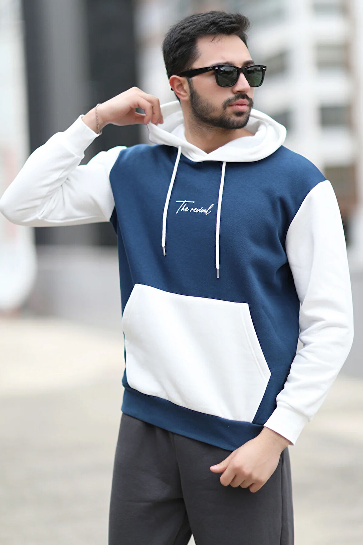 Erkek Kapüşonlu Sweatshirt Indigo Regularfit 3 İp Şardonlu Baskılı Kanguru Cepli Hoodie - 5338