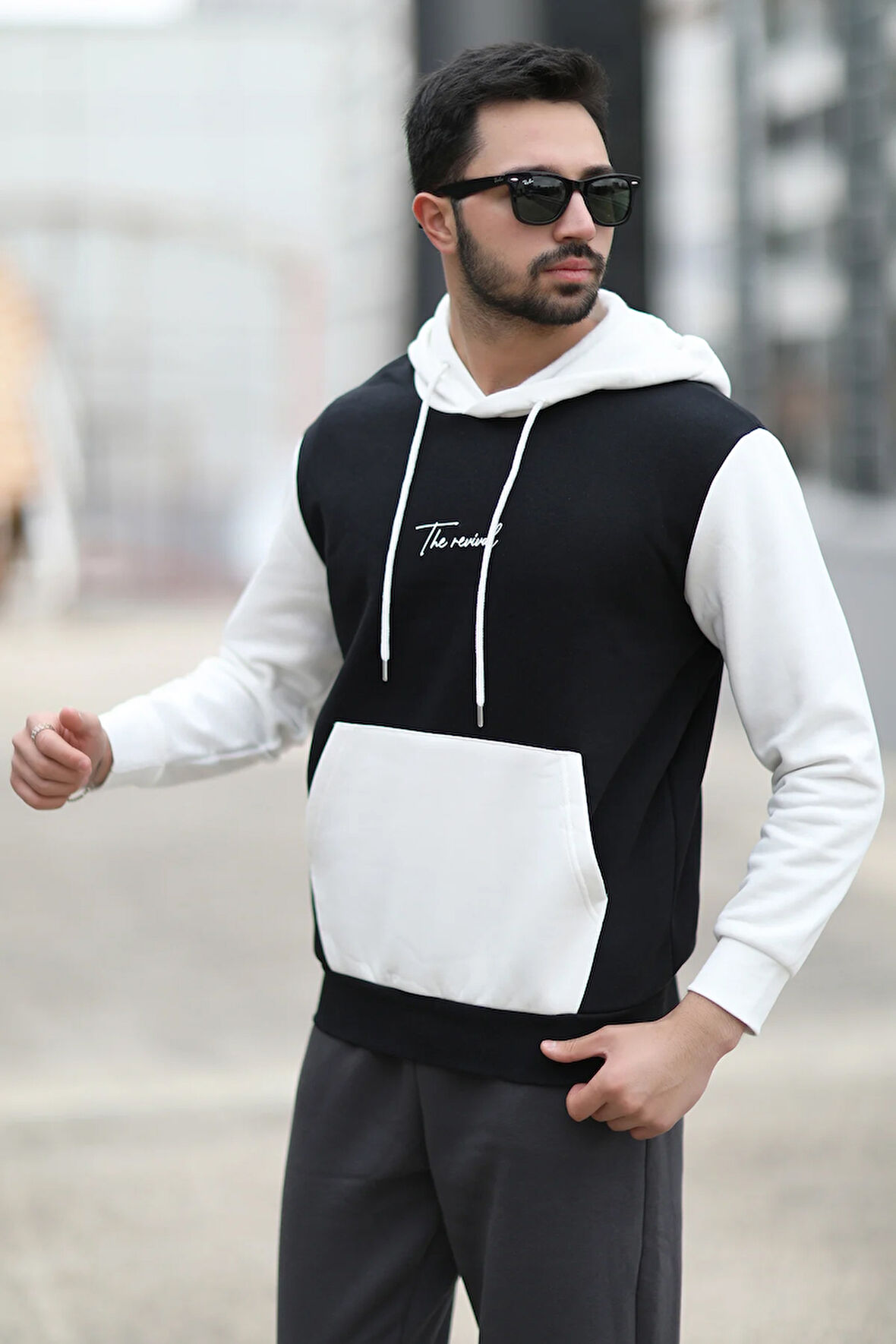 Erkek Kapüşonlu Sweatshirt Siyah Regularfit 3 İp Şardonlu Baskılı Kanguru Cepli Hoodie - 5338