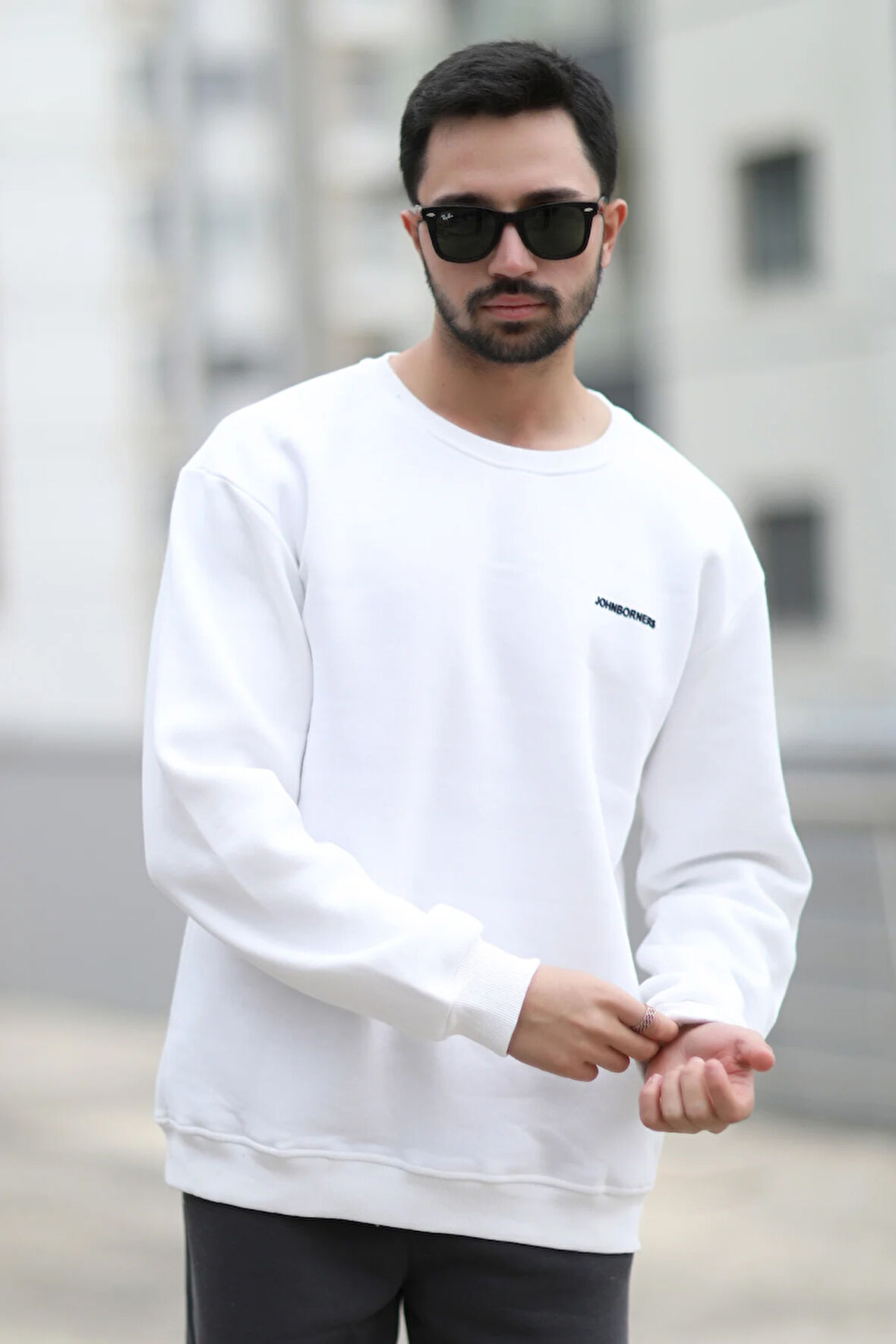 Erkek Oversize Sweatshirt Beyaz Ribanalı Bisiklet Yaka Baskılı Pamuk Karışım - 10009