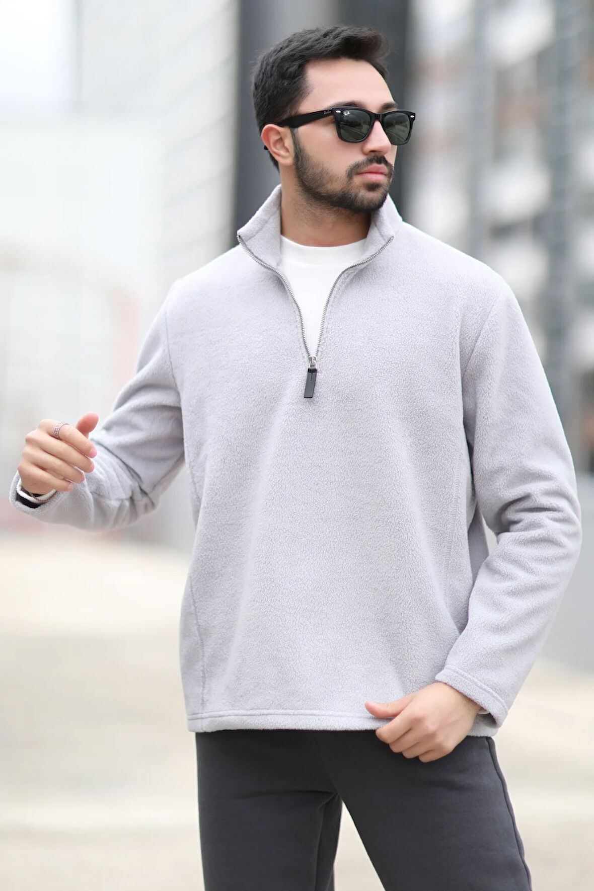 Erkek Kışlık Polarlı Sweatshirt Gri Yarım Fermuarlı Dik Yaka Boğazlı - 6053