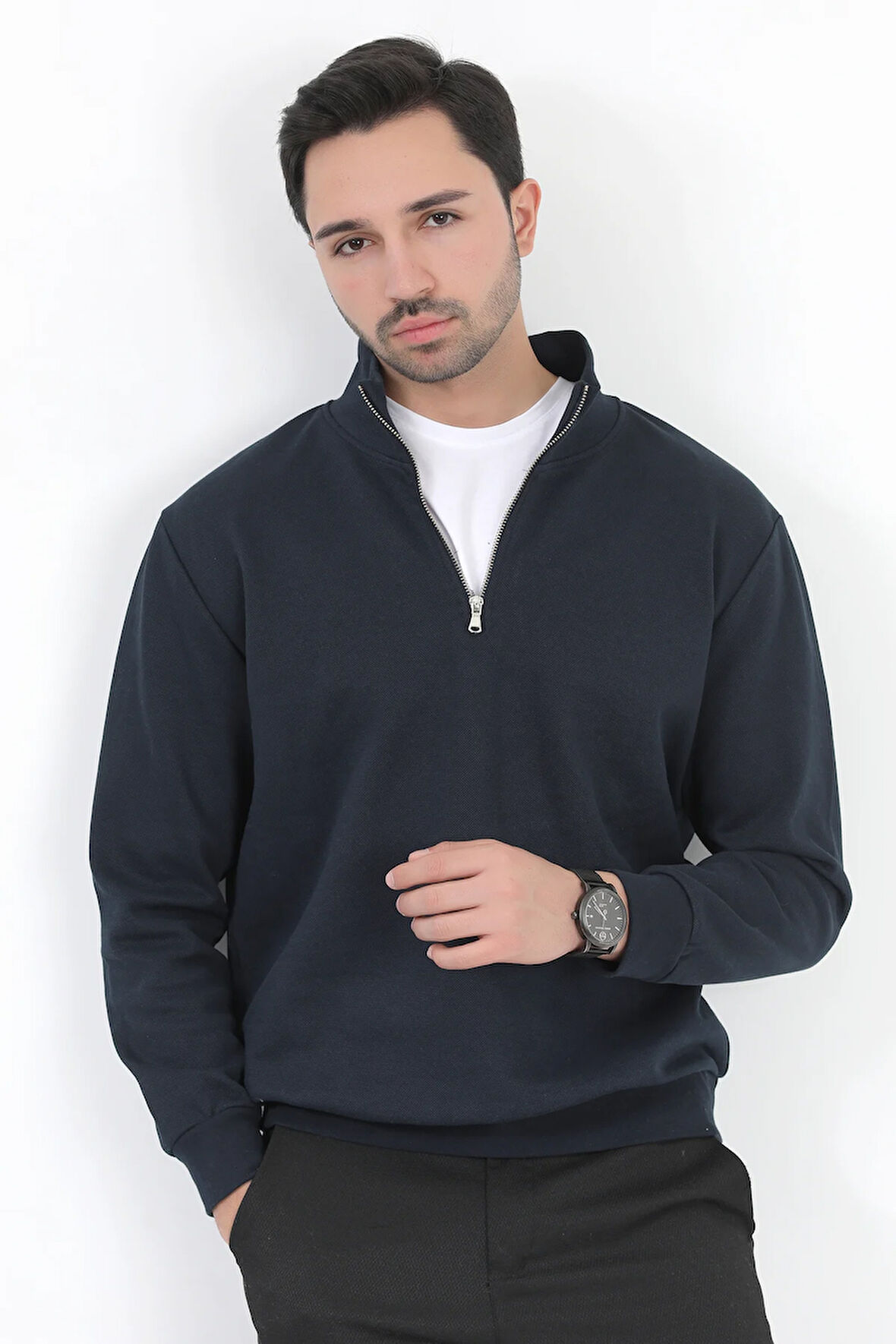 Erkek Dik Yaka Sweatshirt İndigo Yarım Fermuarlı Laking Pike Pamuk Karışım - 5482