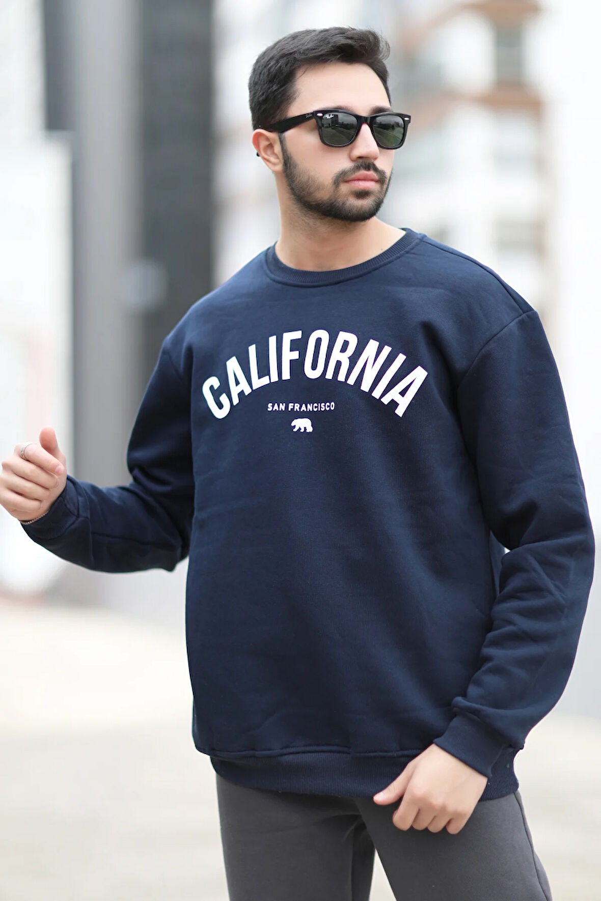 Erkek Kışlık Oversize Sweatshirt Lacivert California Baskılı Ribanalı - 10019