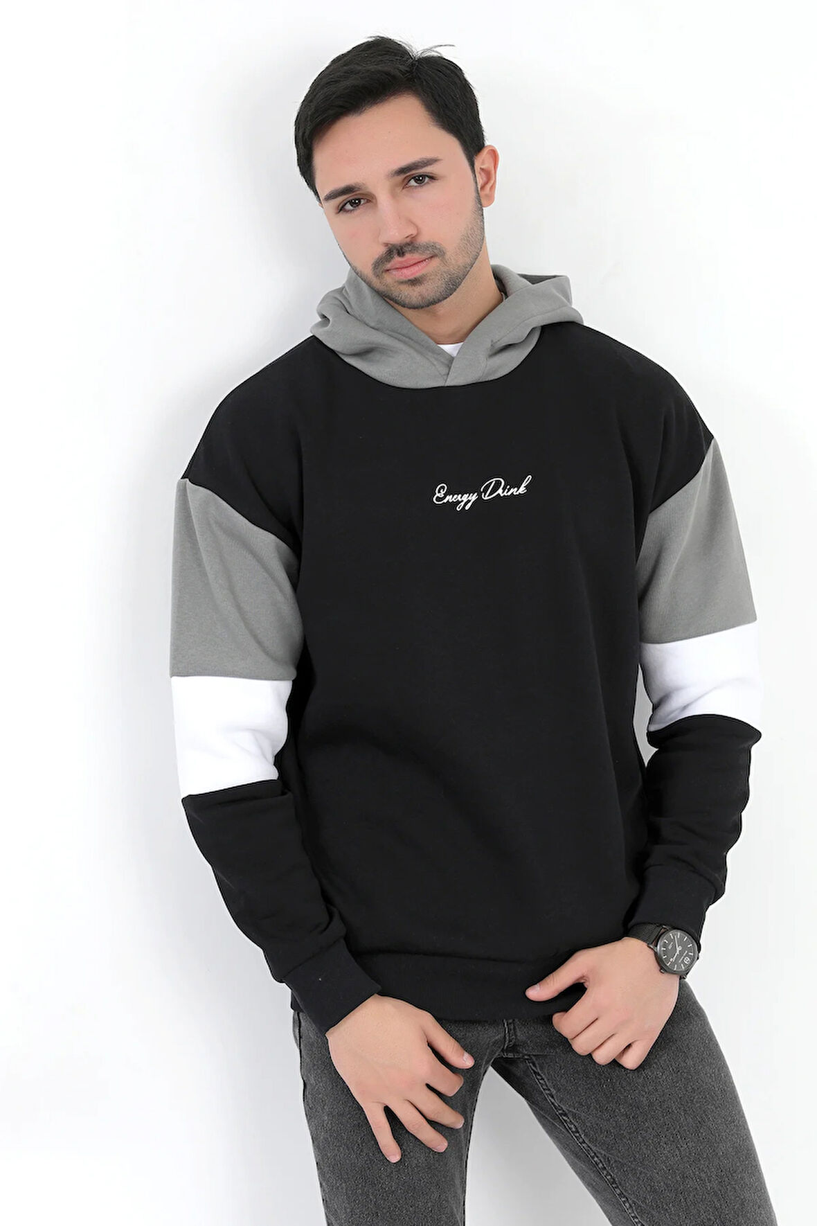 Erkek Kapüşonlu Sweatshirt Siyah 3 İplik Şardonlu Baskılı Garnili Ribanalı Hoodie - 5299