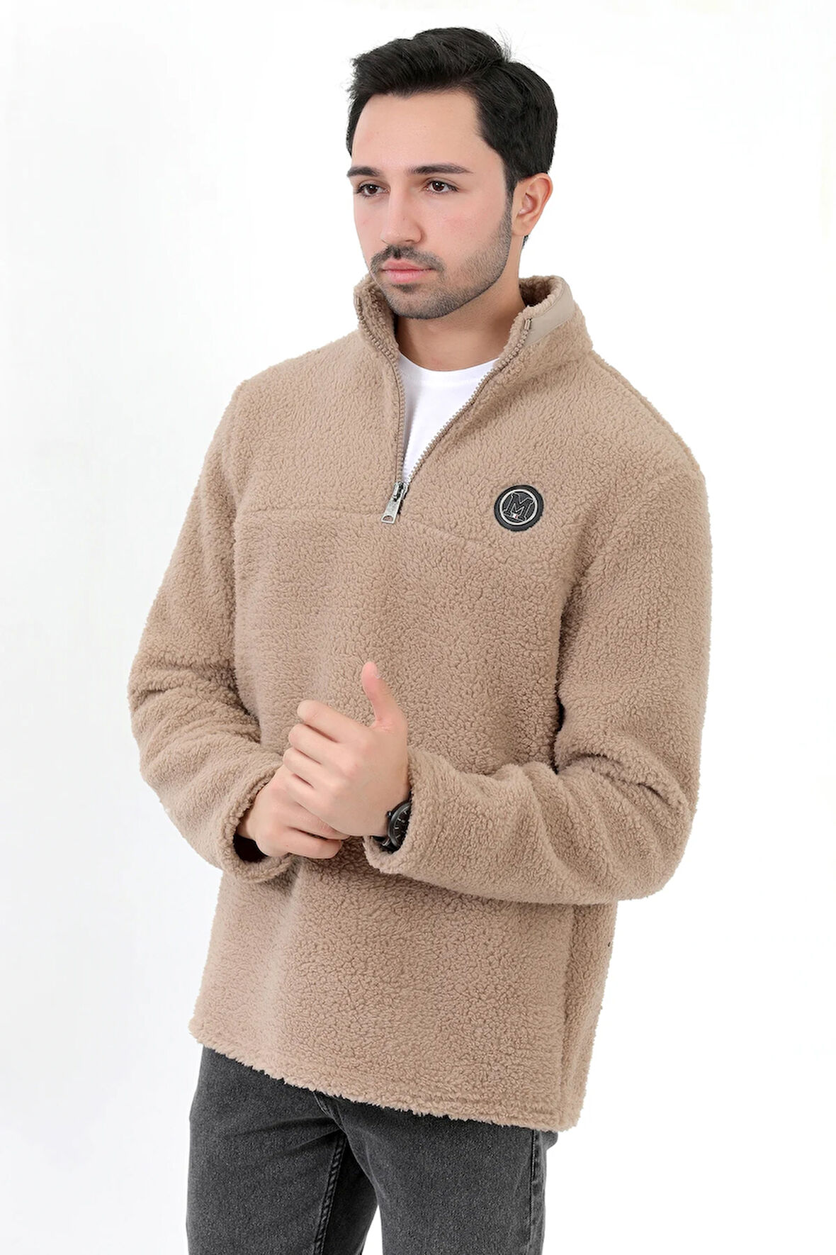 Erkek Peluş Sweatshirt Bej Yarım Fermuarlı Dik Yaka Nakış Detaylı - 9012