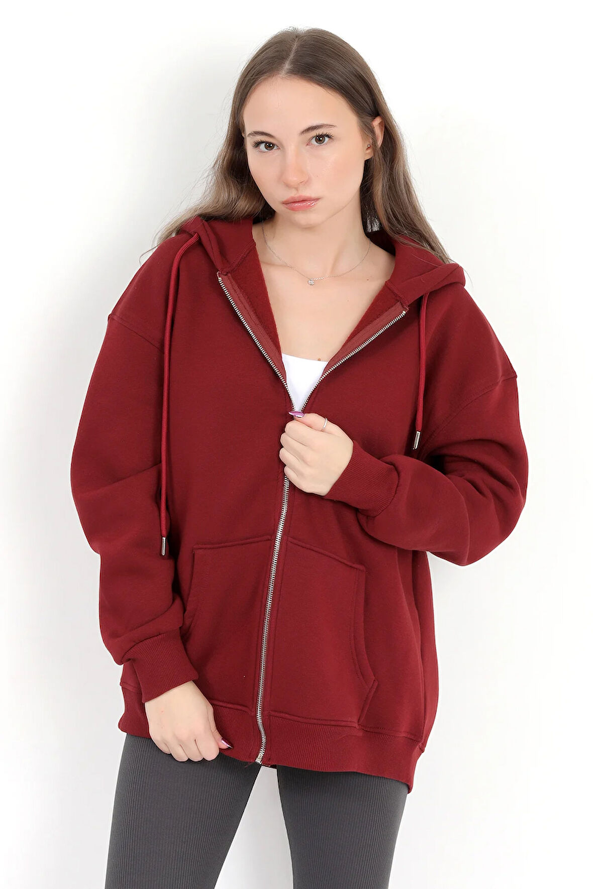 Kadın Bordo Fermuarlı Şardonlu Kapüşonlu Oversize Sweatshirt - 9015