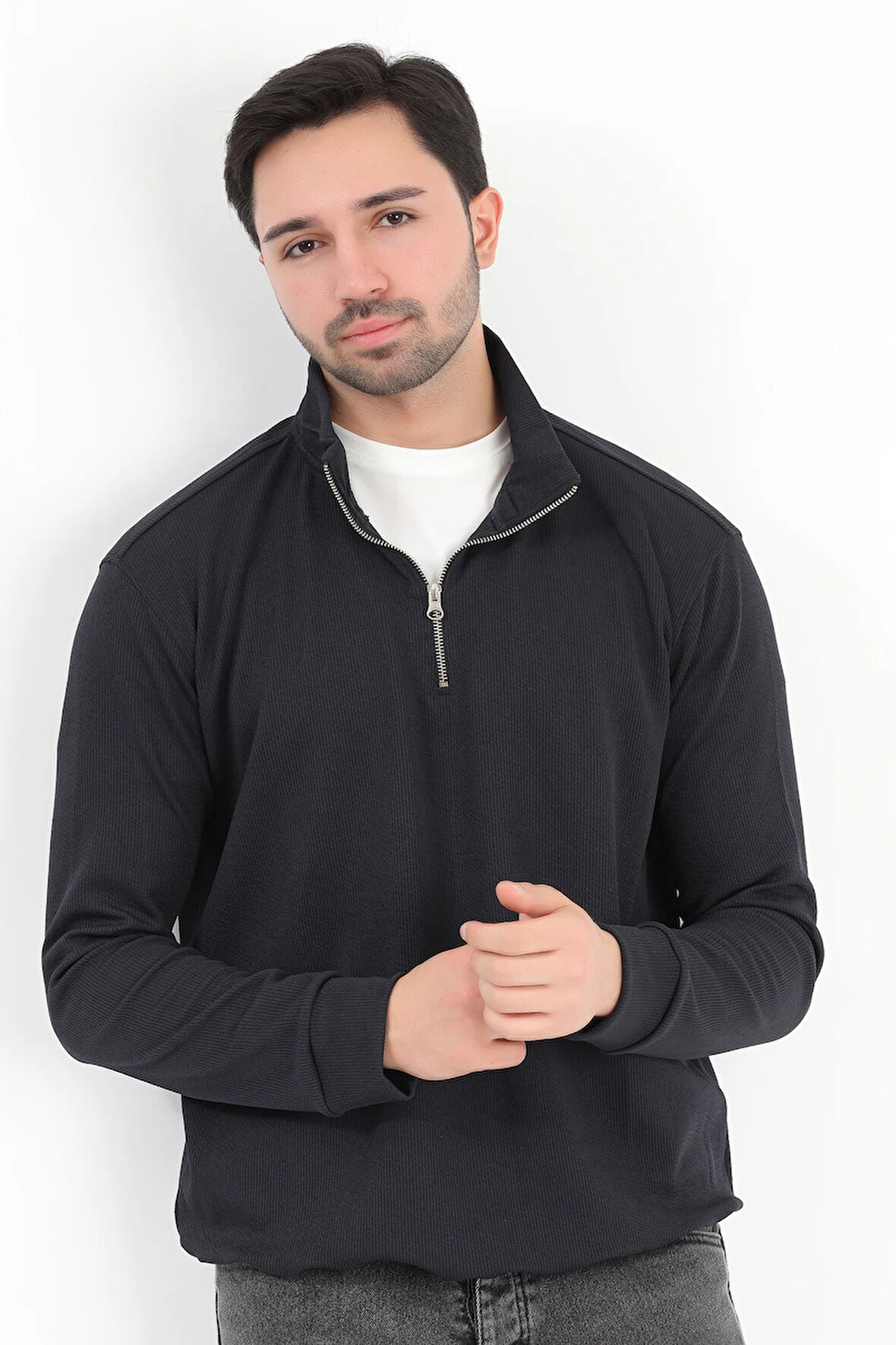 Erkek Lacivert Dik Yaka Yarım Fermuarlı Esnek Örme Regular Fit Sweatshirt - 16814