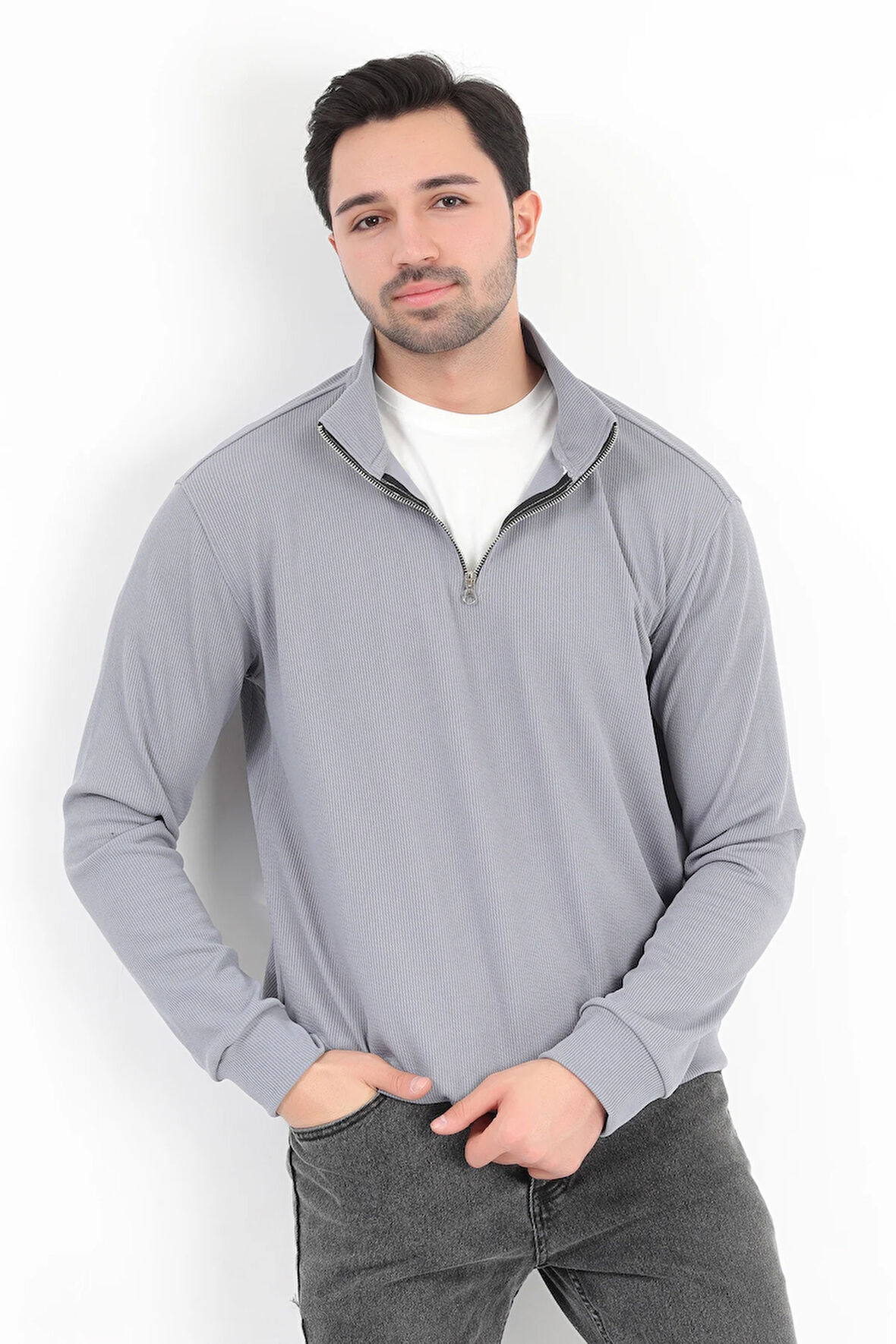 Erkek Gri Dik Yaka Yarım Fermuarlı Esnek Örme Regular Fit Sweatshirt - 16814