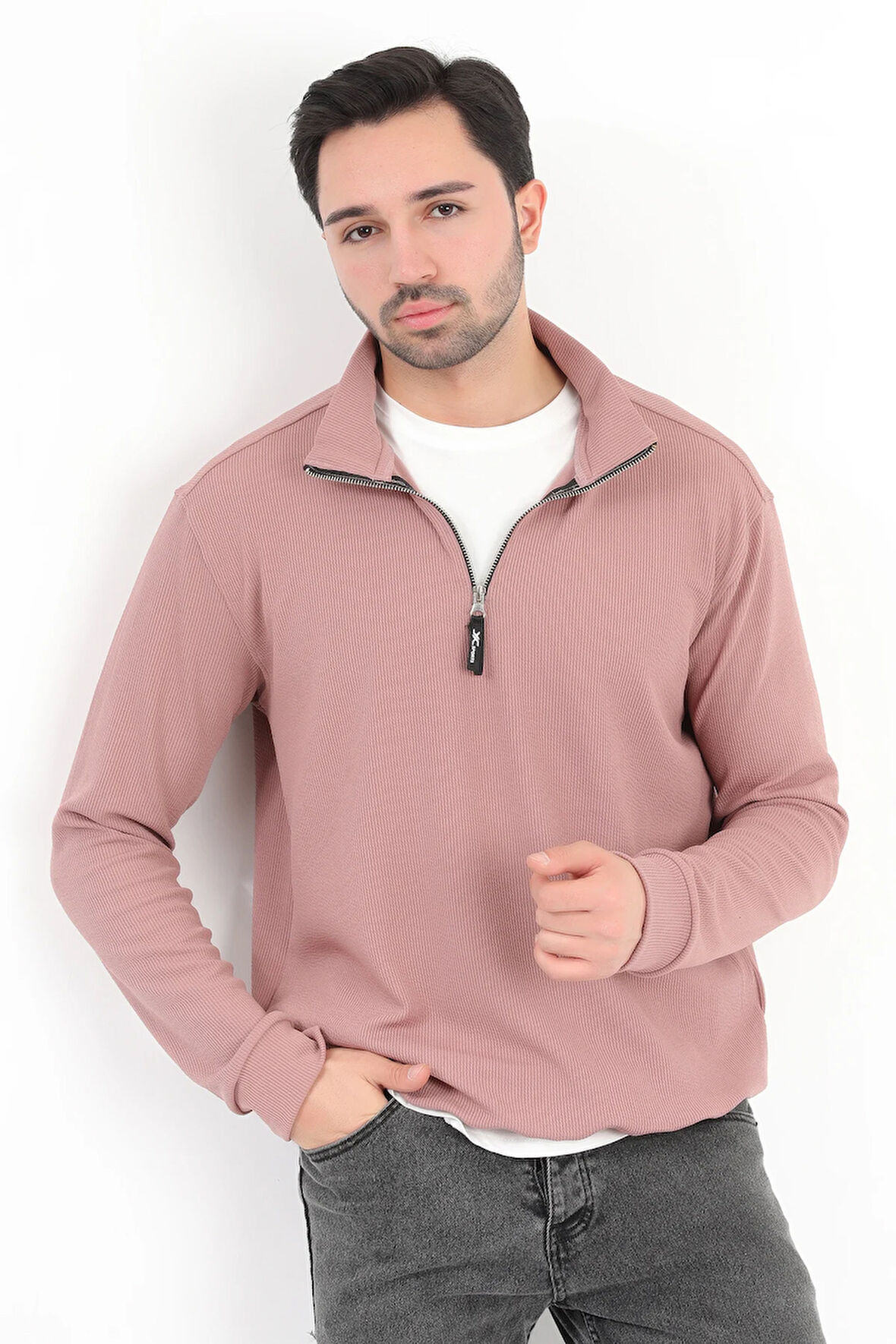 Erkek Pudra Dik Yaka Yarım Fermuarlı Esnek Örme Regular Fit Sweatshirt - 16814