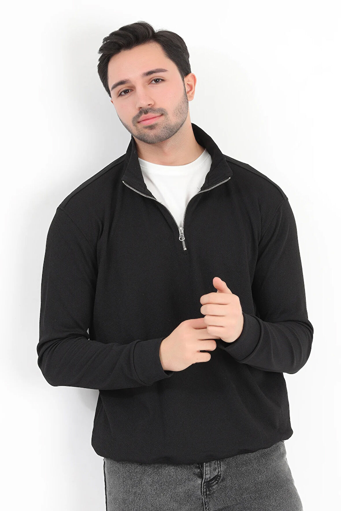 Erkek Siyah Dik Yaka Yarım Fermuarlı Esnek Örme Regular Fit Sweatshirt - 16814