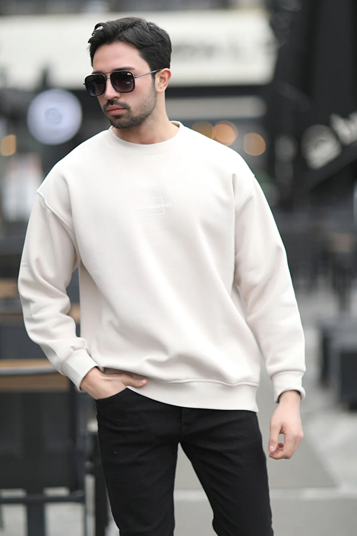 Erkek Bisiklet Yaka Marka Baskılı Üç İplik Şardonlu Sweatshirt Kum Gri - 5255-1