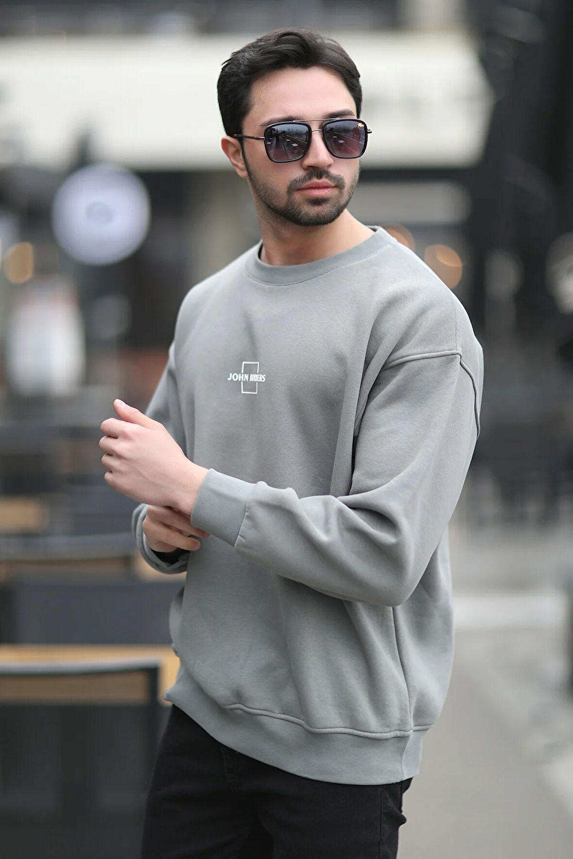 Erkek Bisiklet Yaka Marka Baskılı Üç İplik Şardonlu Sweatshirt Gri - 5255-1