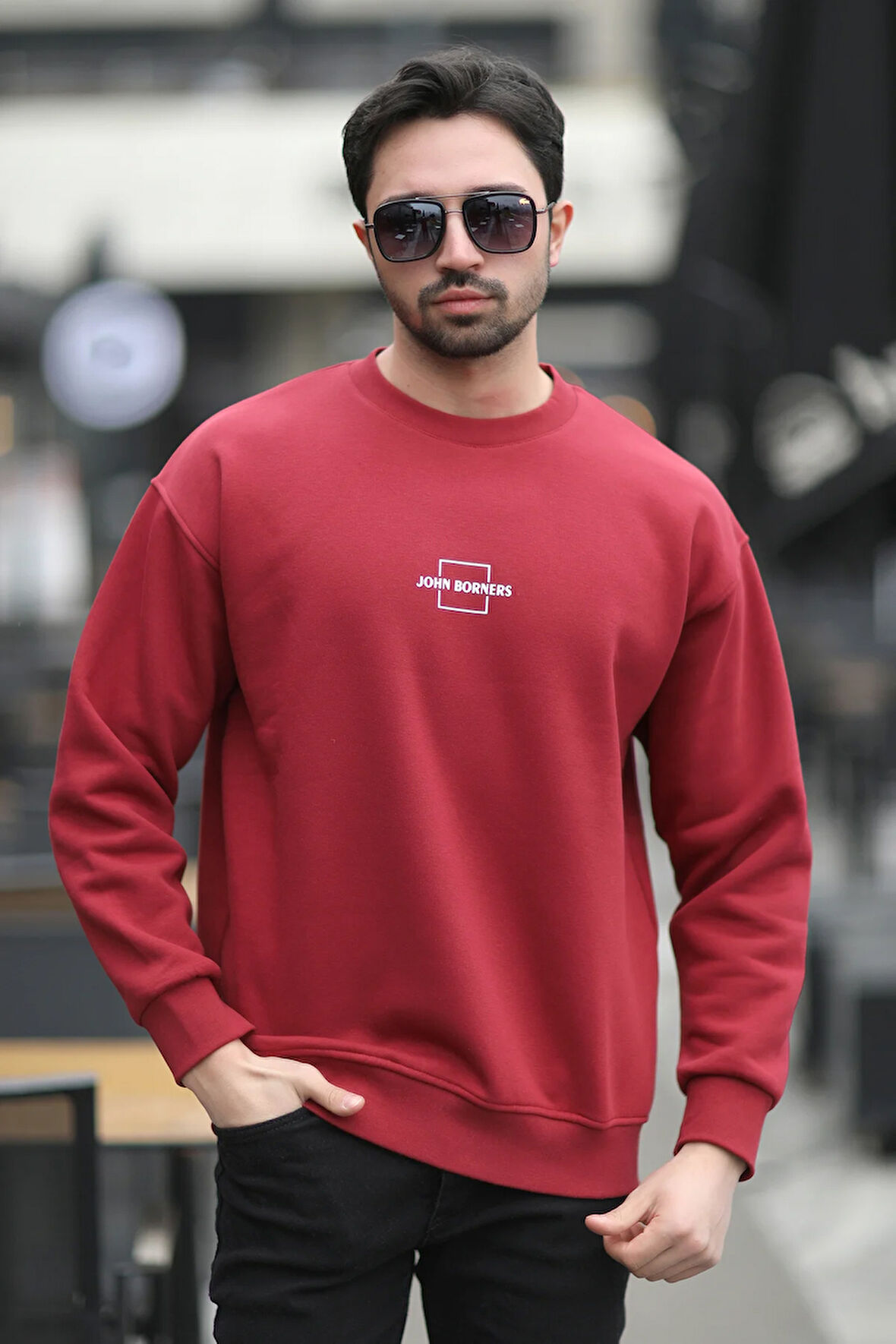 Erkek Bisiklet Yaka Marka Baskılı Üç İplik Şardonlu Sweatshirt Bordo - 5255-1