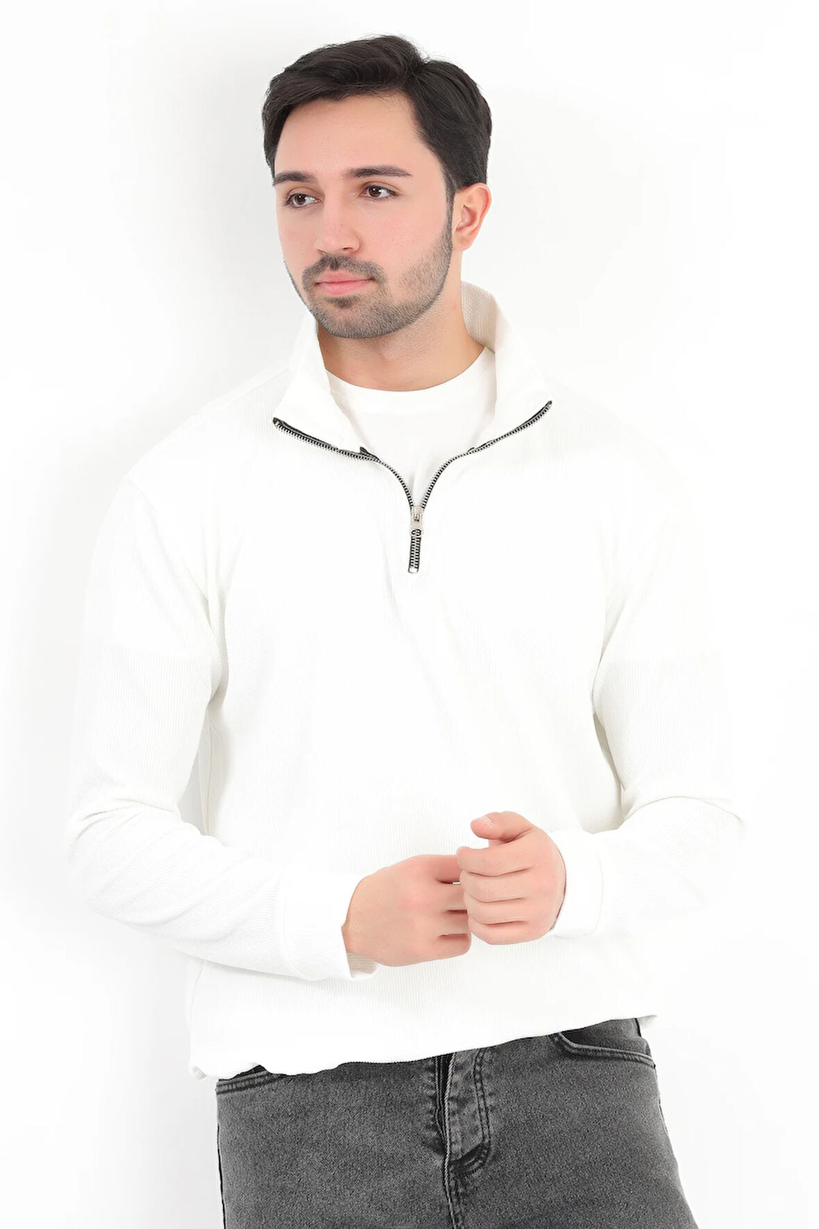 Erkek Ekru Dik Yaka Yarım Fermuarlı Esnek Örme Regular Fit Sweatshirt - 16814